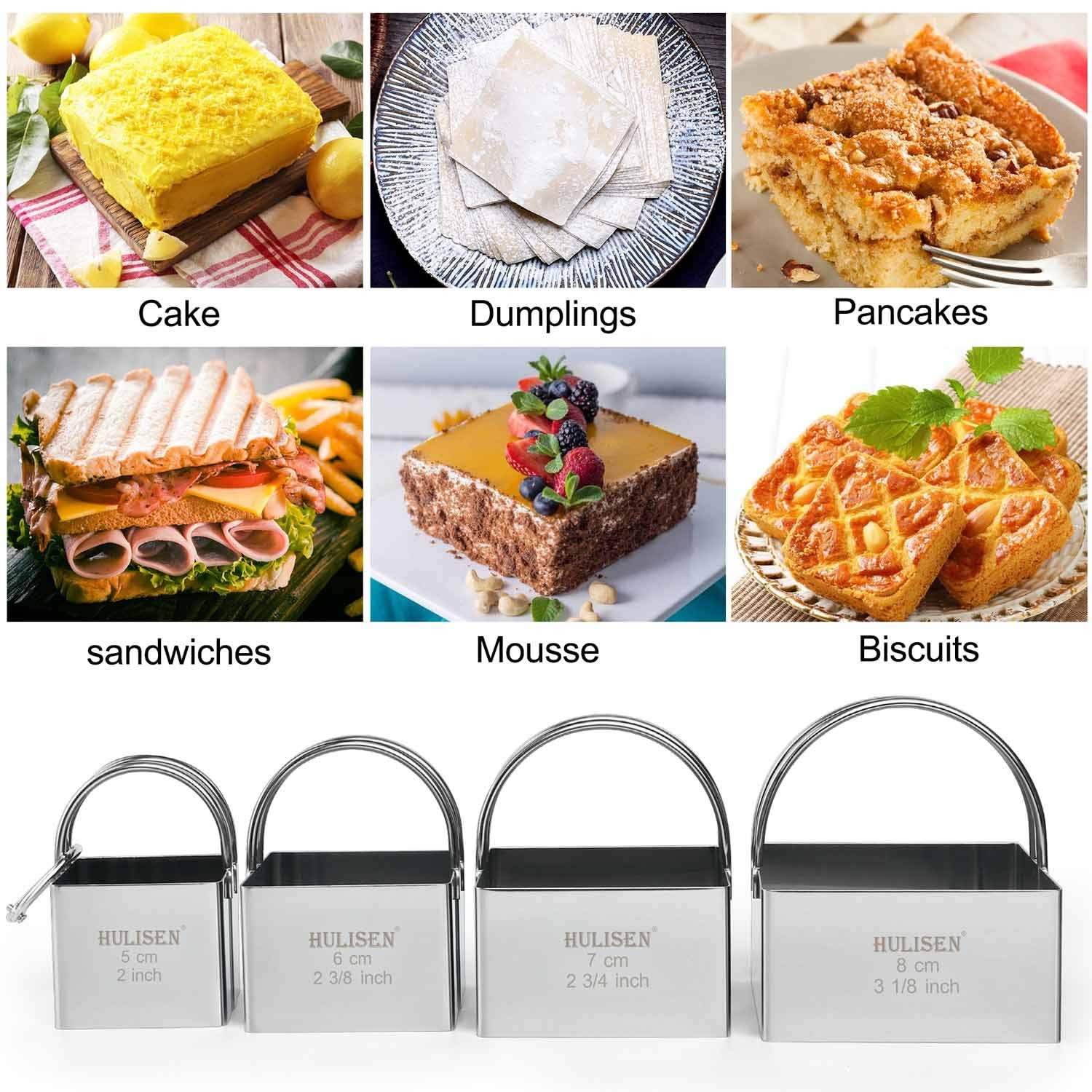 Hulisen Square Biscuit Cutter Set (4 Pieces/Set), Stainless Steel Cookies Cutter With Handle, Professional Baking Dough Tools, G