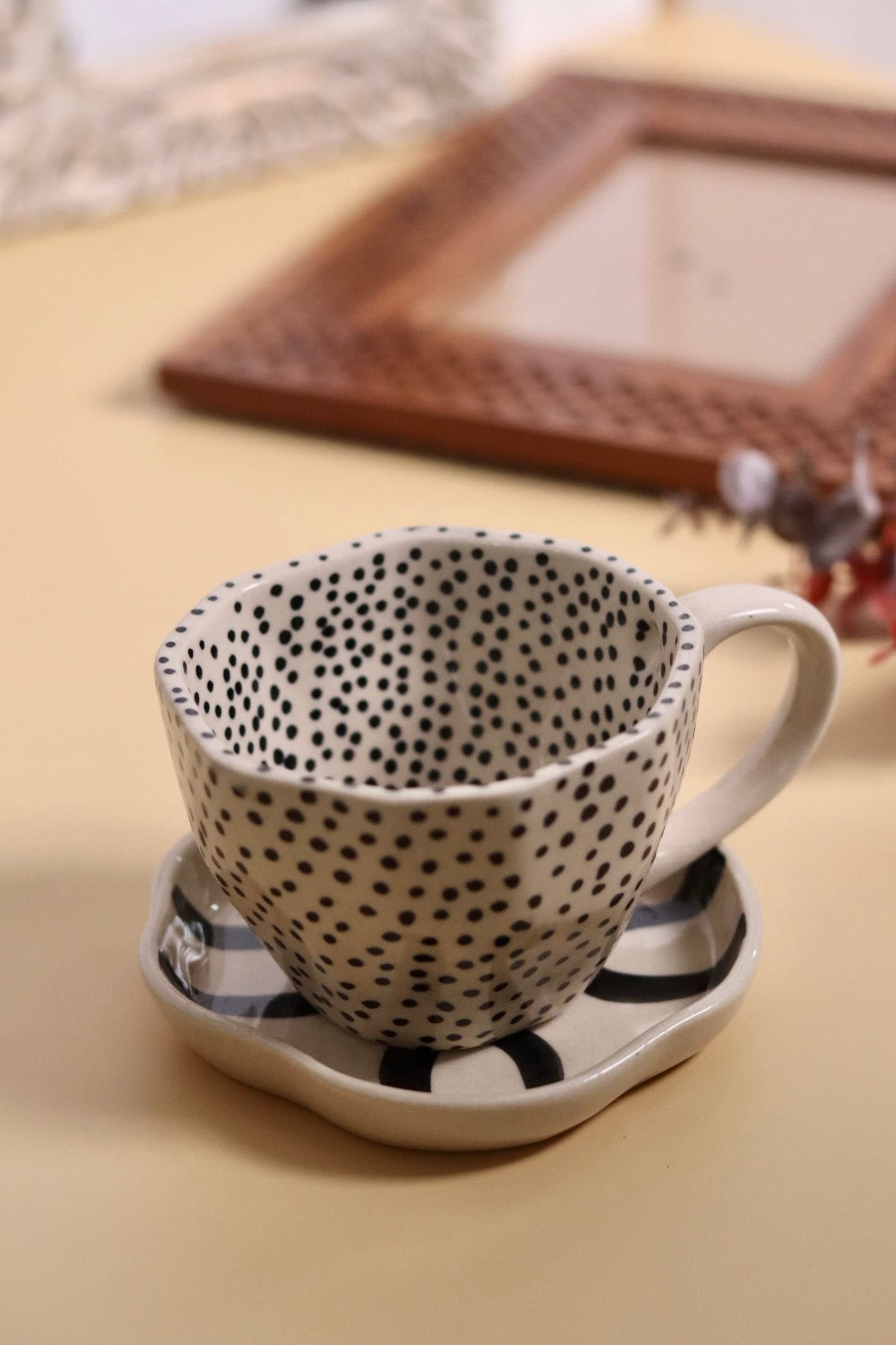 Weaving Homes Handcrafted Ceramic Black Polka Mug & Abstract Dessert Plates, Mugs, Coffee Mugs, Ceramic Plates, Ceramic Mugs, Ad