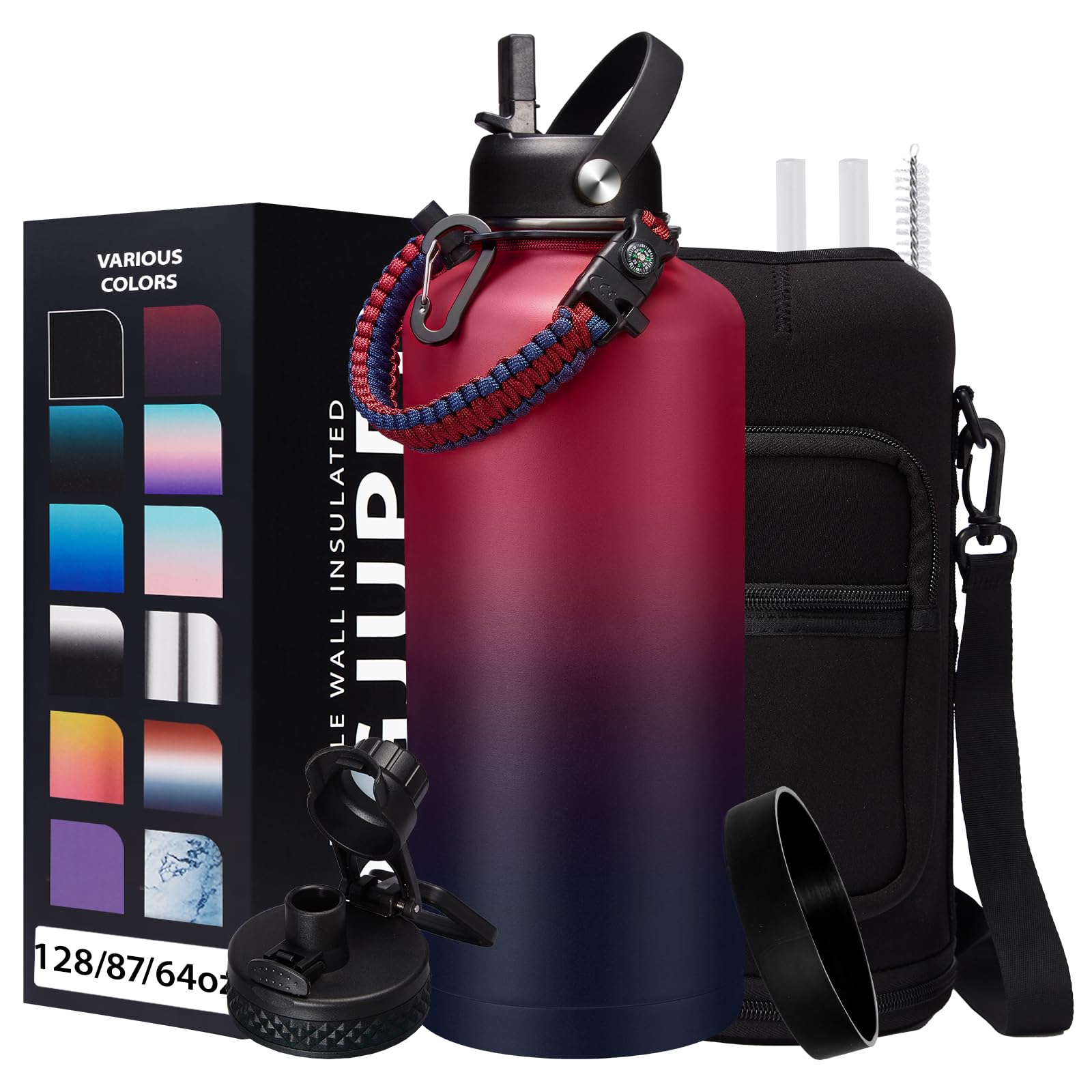 87 Oz Insulated Water Bottle With Straw - 2/3 Gallon Water Jug Stainless Steel Sports Water Bottles, Double Wall Thermo Mug, Lea