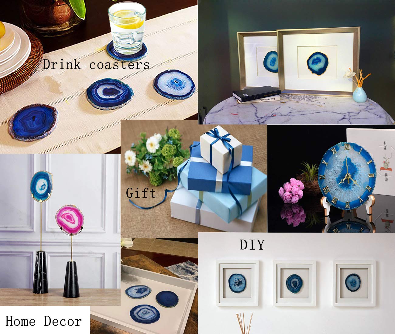 JIC Gem 3-3.5'' Dyed Blue Color Small Size Agate Coastes Polished Natural Geode Stone Coasters Agate Slices Set of 4 with Protective Rubber Bumper Home Decorative