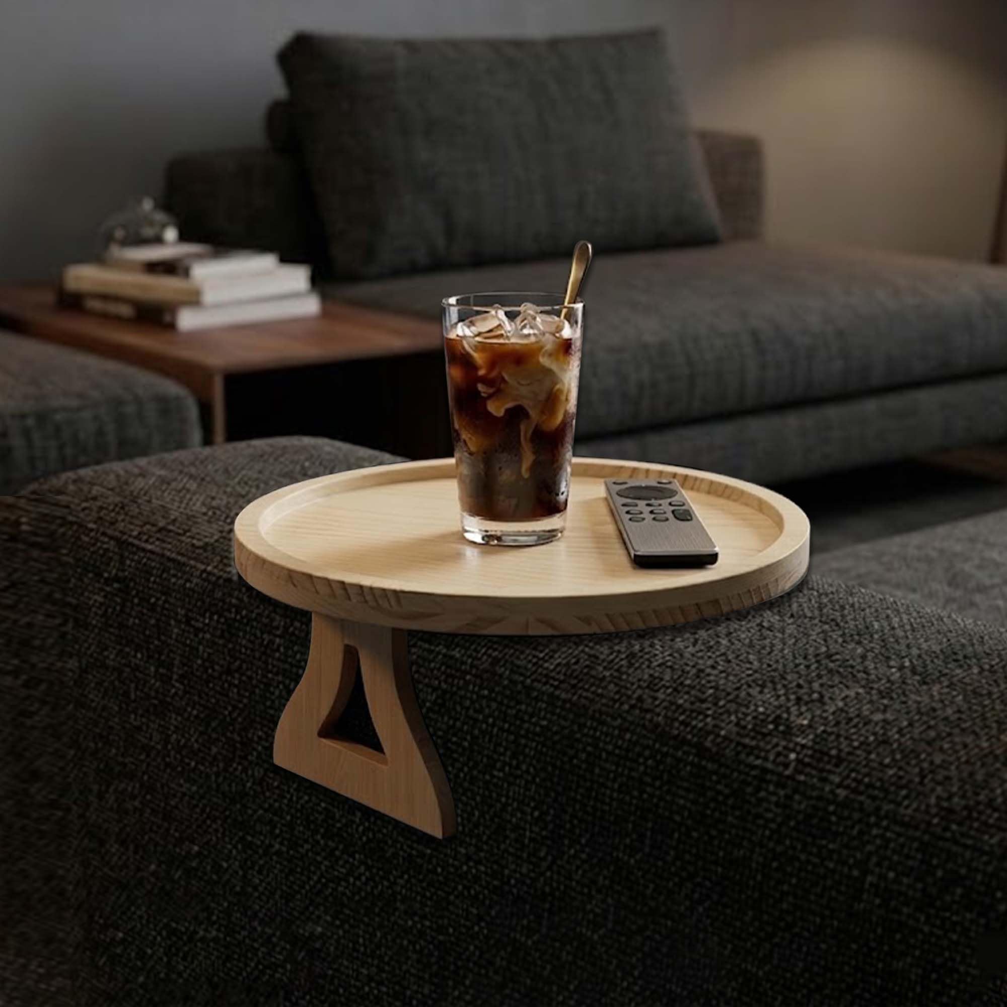 Questsole Home Round Sofa Armrest Tray - 10 Inch Bamboo Clip-On Couch Table For Coffee Snacks Remote & Phone With Adjustable Arm