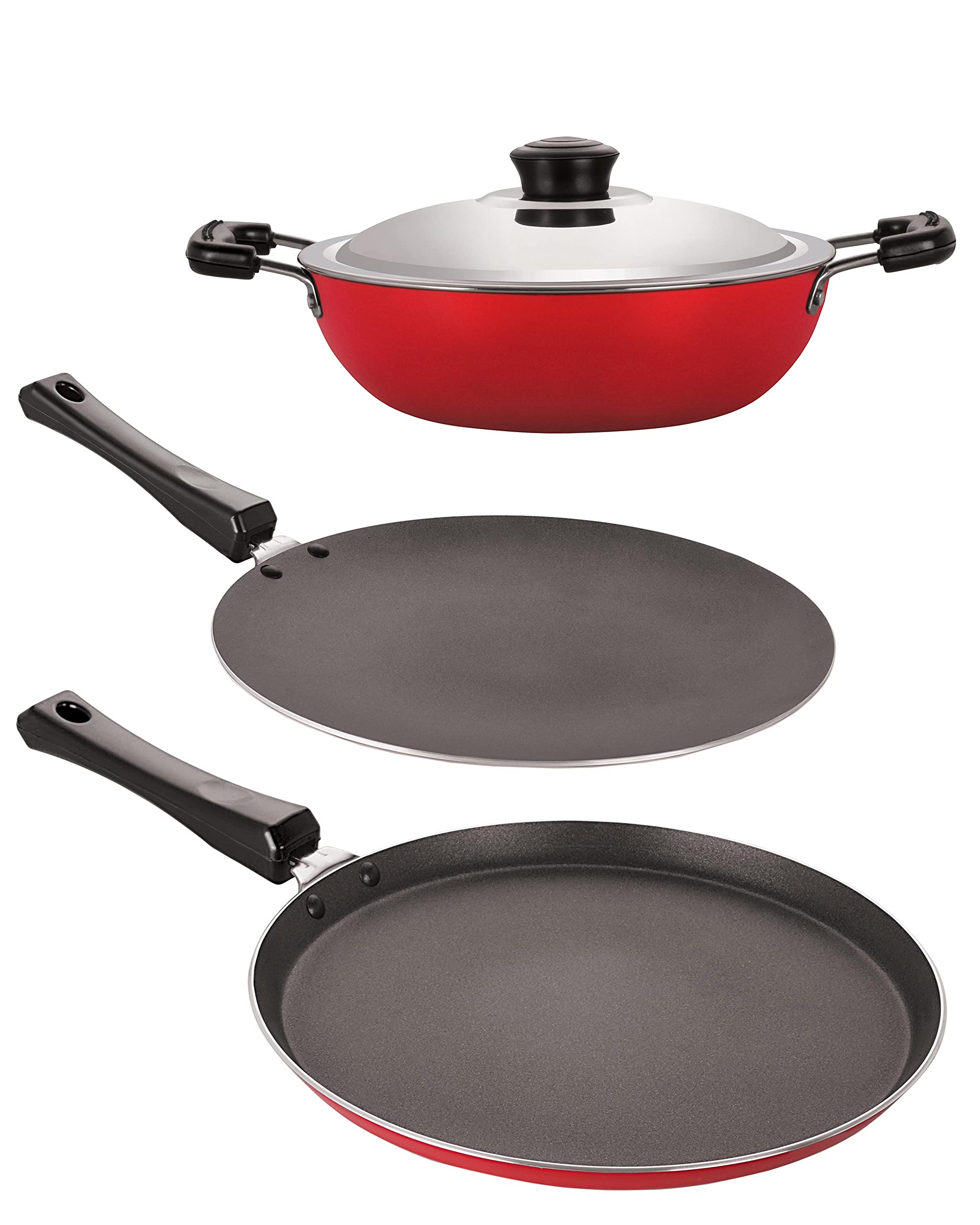 Nirlon NonStick 3 Piece Set Flat Dosa Tawa 27.5 Cm, Roti Chappati Tawa 29 Cm, Deep Kadai With Lid 2.6L, Kitchen Cookware Best P