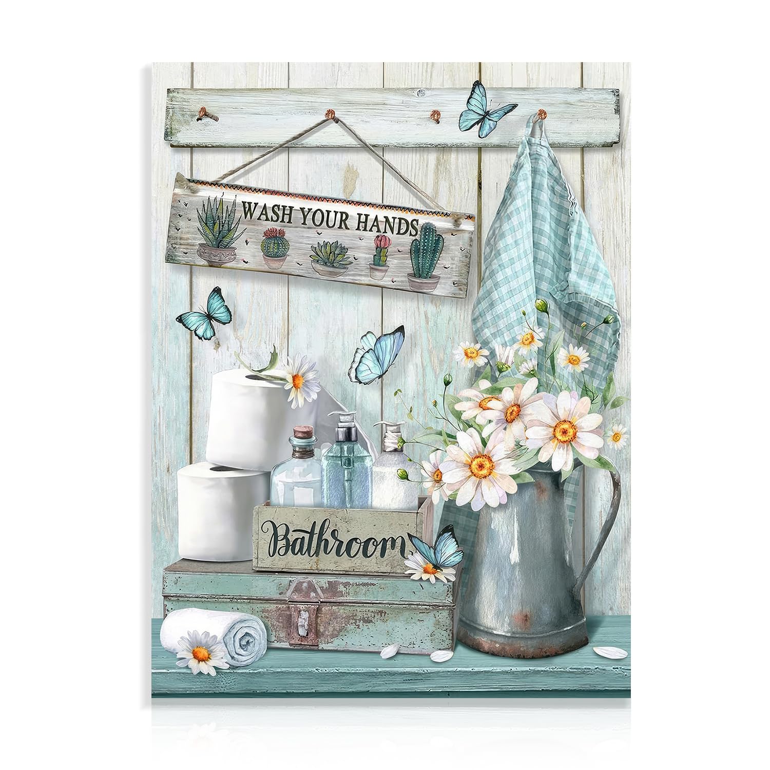 Dazzlewall Farmhouse Bathroom Decor Wall Art Rustic Teal Flower And Butterfly Pictures Wash Your Hands Sign Artwork For Bathroom