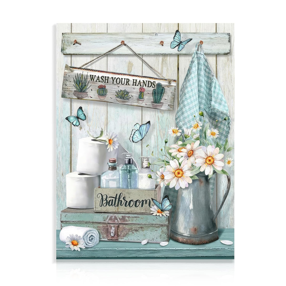 Dazzlewall Farmhouse Bathroom Decor Wall Art Rustic Teal Flower And Butterfly Pictures Wash Your Hands Sign Artwork For Bathroom