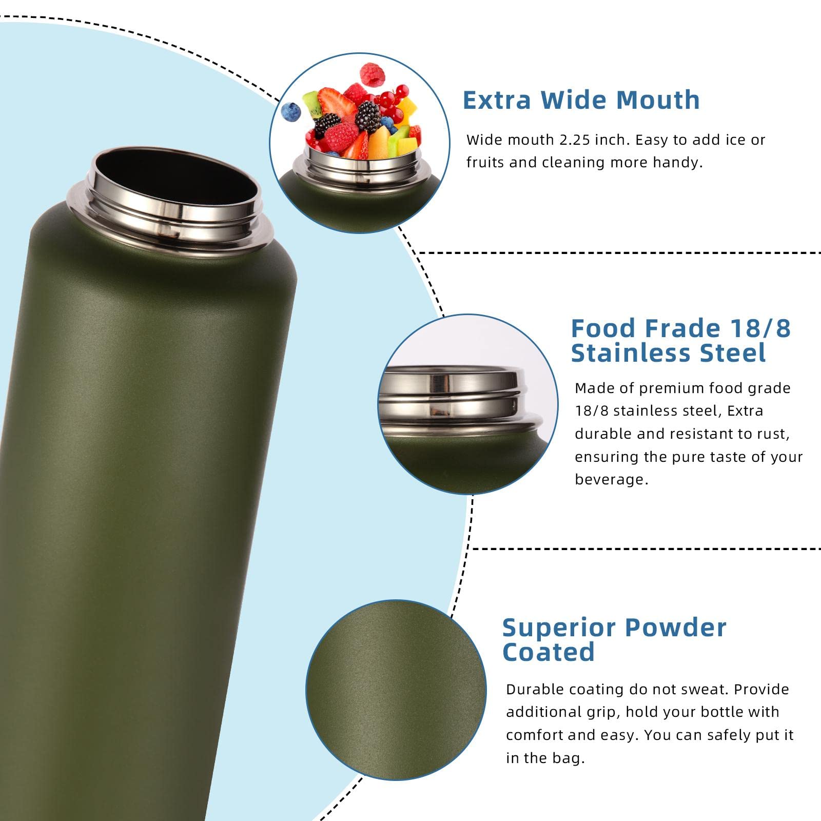 Volhoply 40 oz Insulated Water Bottles Paracord Handle  Stainless Steel Sports Bottle with Spout Lid  Reusable Double Walled Vacuum Metal Travel Thermos with Wide Mouth for Adults (Army Green  1 Set)