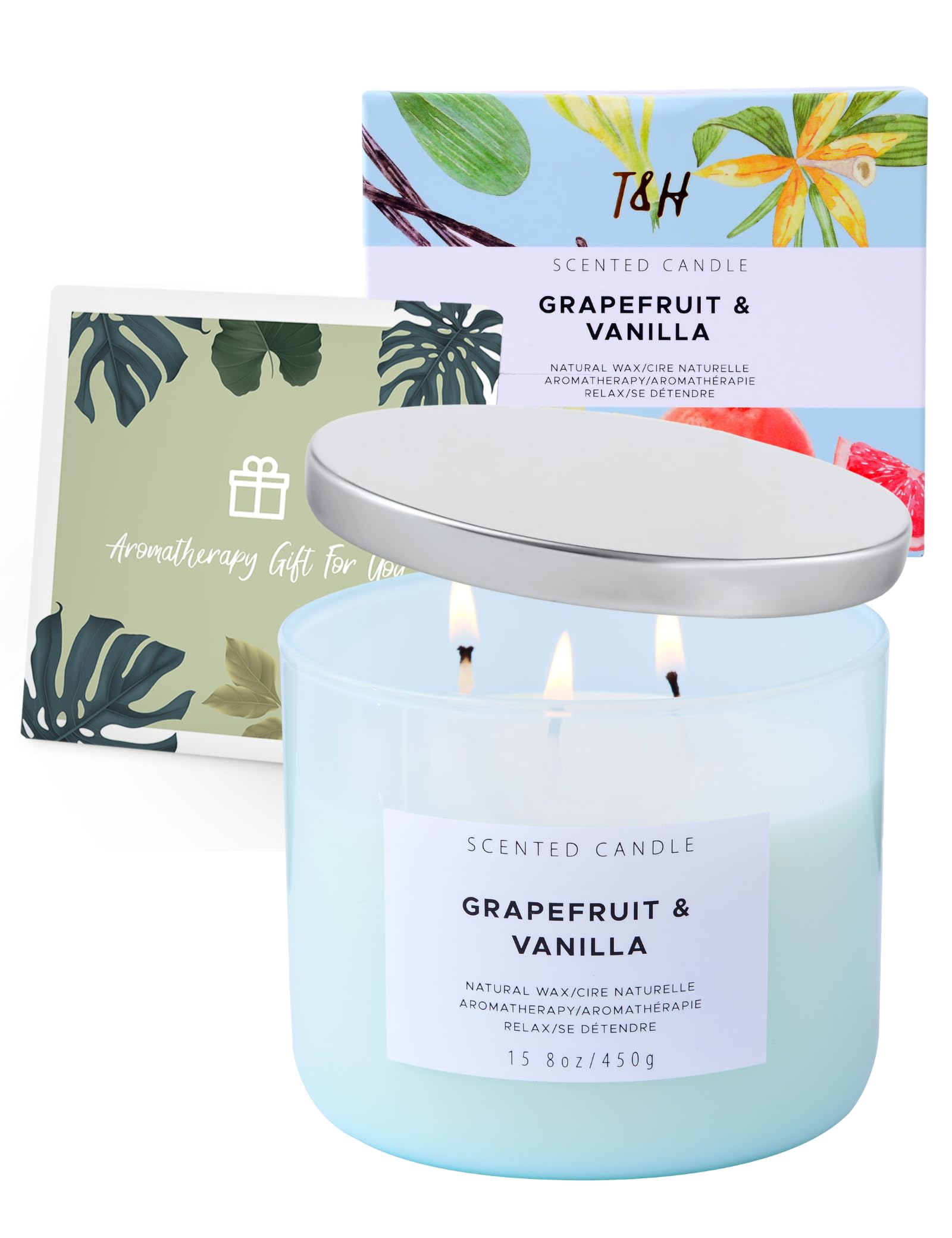 Large Grapefruit Vanilla Candle | Natural Soy 3 Wick Scented Candle for Home Relaxation 15.8 oz | Aromatherapy Stress Relief Can