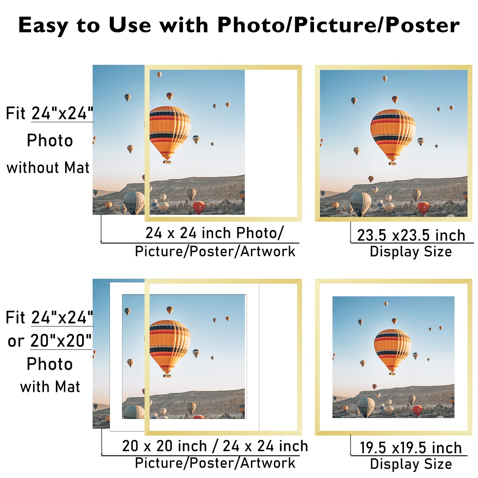 JCJMY 24x24 Picture Frame Gold with 20x20 Mat, Display Photo 20x20 with Mat or 24 x 24 Without Mat, Wall Hanging Large 24x24 Pos