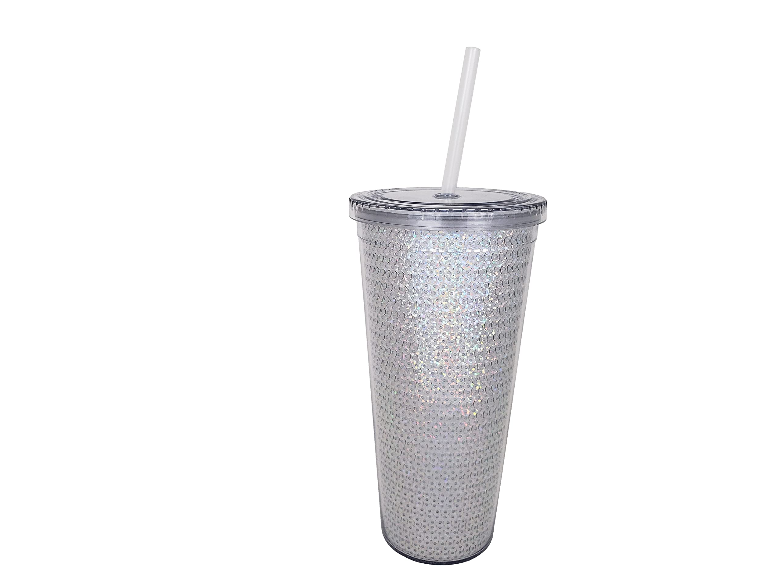 Essential Drinkware 24Oz Glamour Sequin Glitter Tumbler Silver - Double Walled Acrylic, Spill Proof Cold Cup With Screw On Lid A