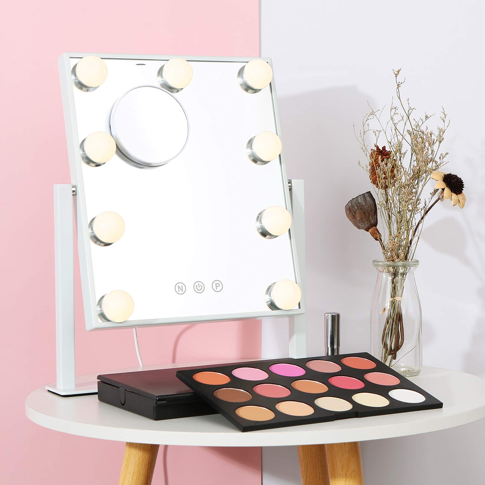Vanity Mirror with Lights  Hollywood Lighted Makeup Mirror  3 Colors Lighting Modes Dimmable 10X Magnifying Miroor  Touch Control and 360 Degree Rotation (White)