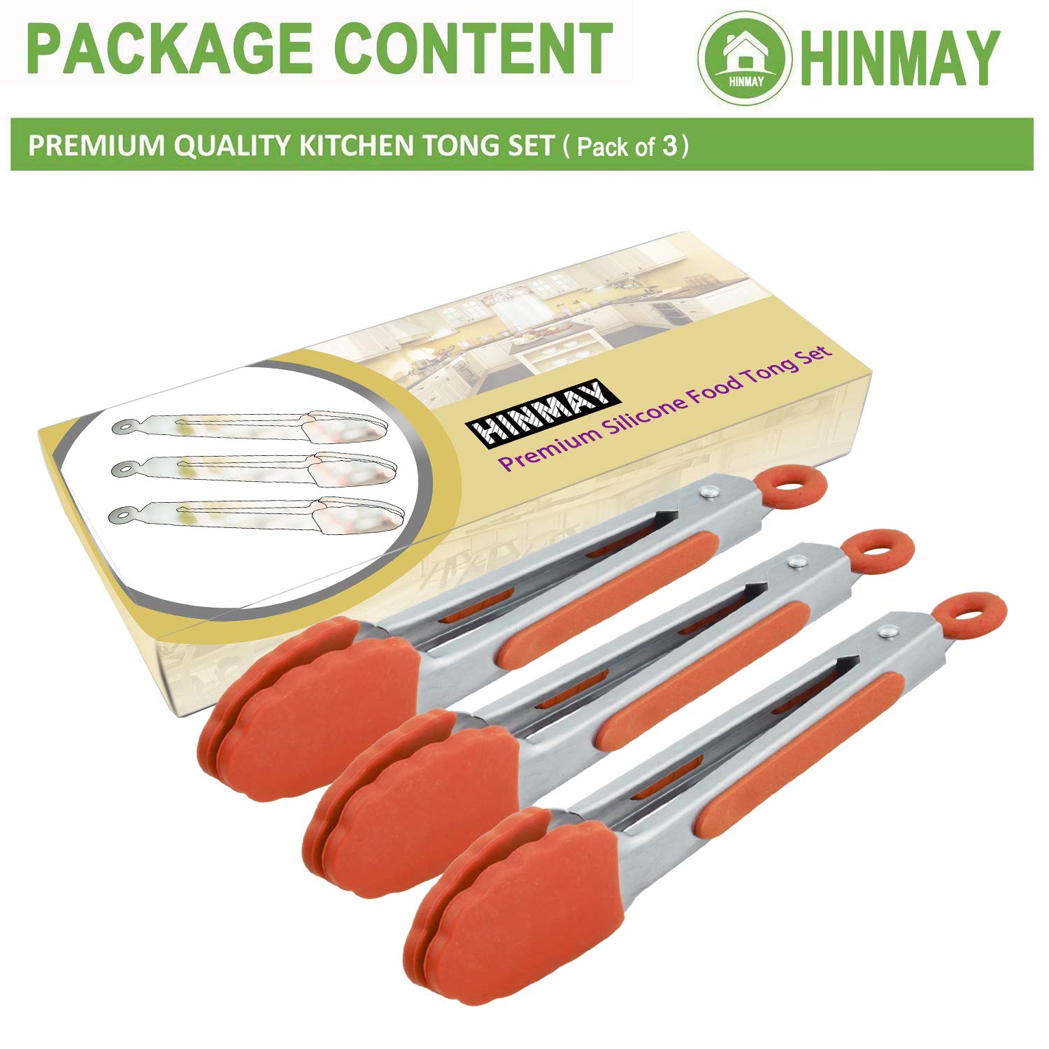 Hinmay 7-Inch Stainless Steel Tongs With Silicone Tips Locking Metal Food Tongs, Set Of 3 (Orange)