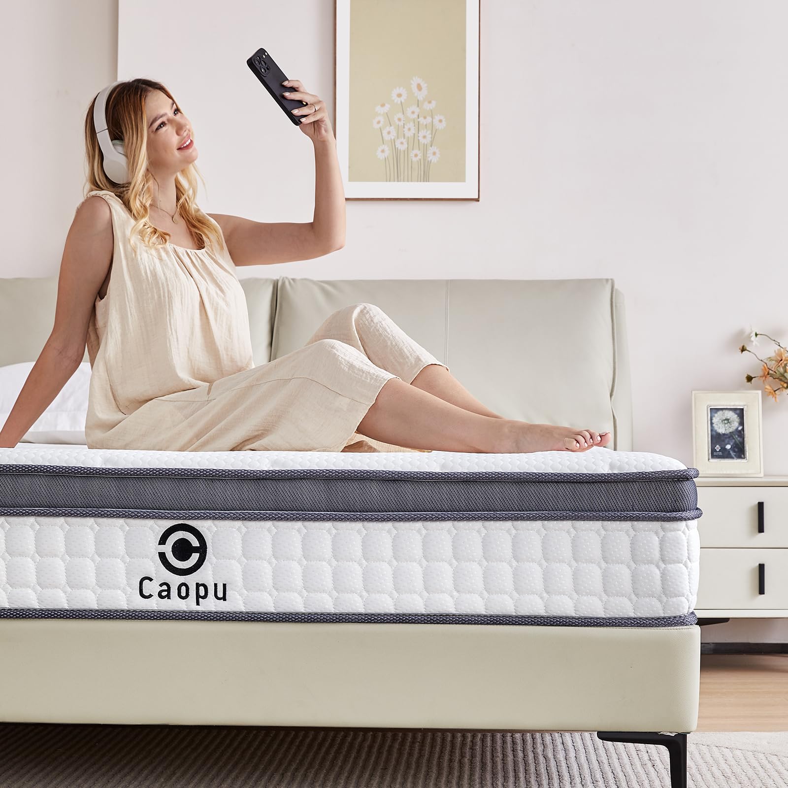 Caopu Queen Mattress, 12 Inch Hybrid Mattress Queen Size In A Box, Medium Firm, Pressure Relief & Motion Isolation, Gel Memory F
