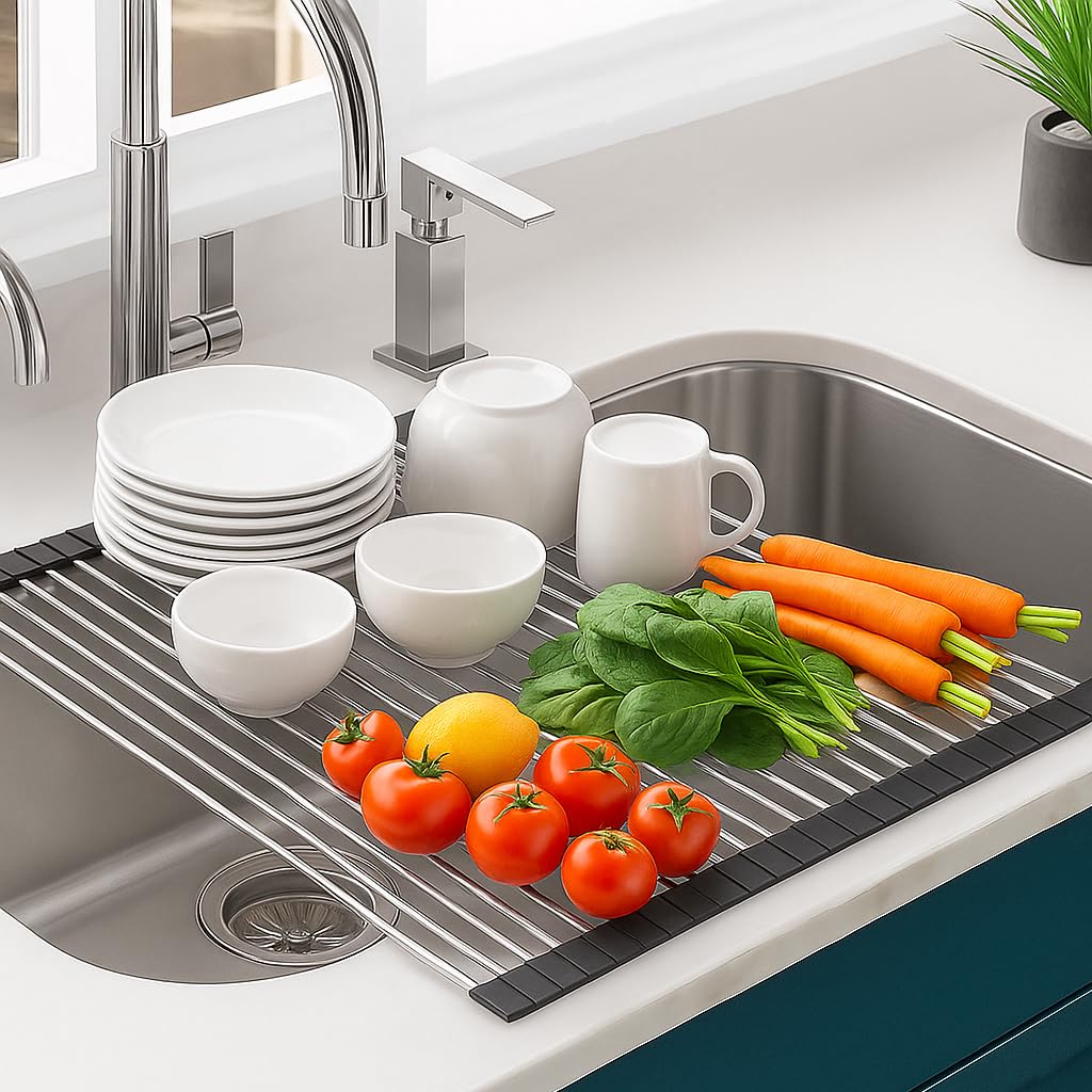 Homeze Foldable Over The Sink Dish Drying Rack (46.546 Cm)  Stainless Steel RollUp Kitchen Sink Drainer | Multipurpose Rack Fo