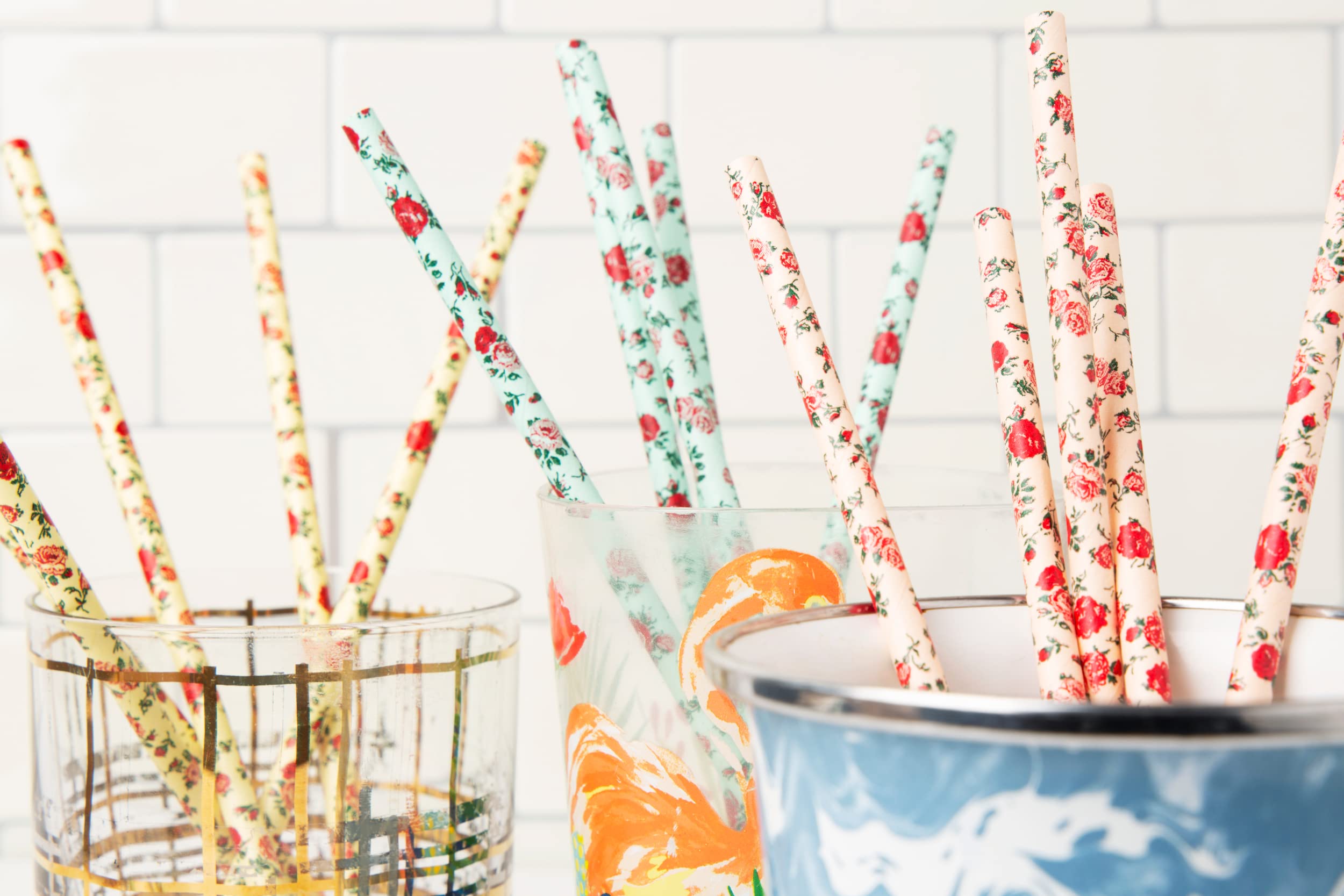 75-Pack Biodegradable Floral Paper Straws - Pink, Blue, Yellow - Vintage Flower & Rose Design - Eco-Friendly Disposable Straws F