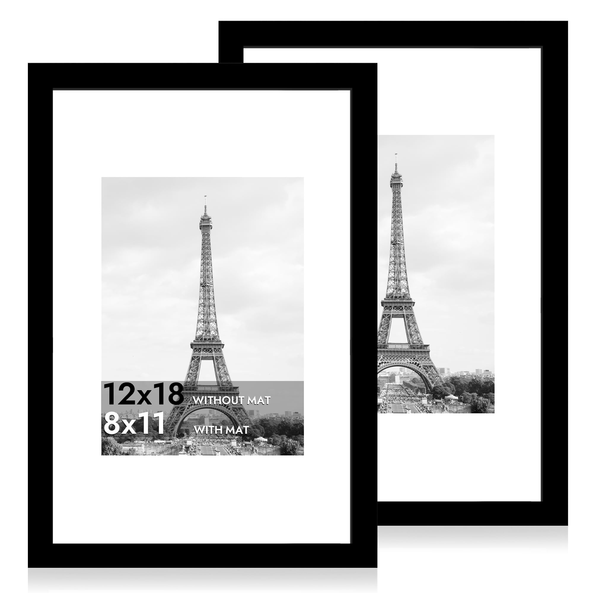 iRahmen 12x18 Picture Frame Set of 2 with Plexiglass, Black Poster Frame Display 8x11 Picture with Mat or 12 x 18 Without Mat, W