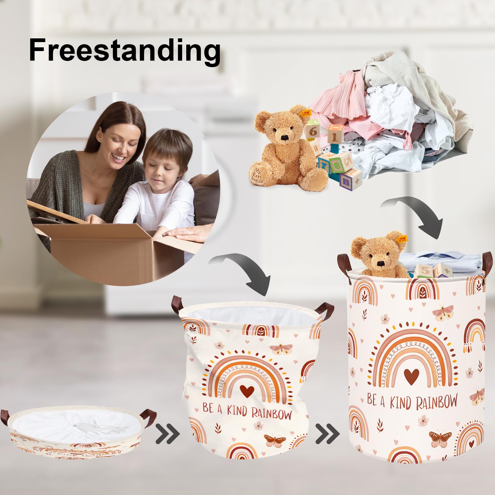 Clastyle 45L Boho Rainbow Laundry Hamper With Handle Drawstring Waterproof Butterfly Flowers Pink Laundry Basket Round Clothes T