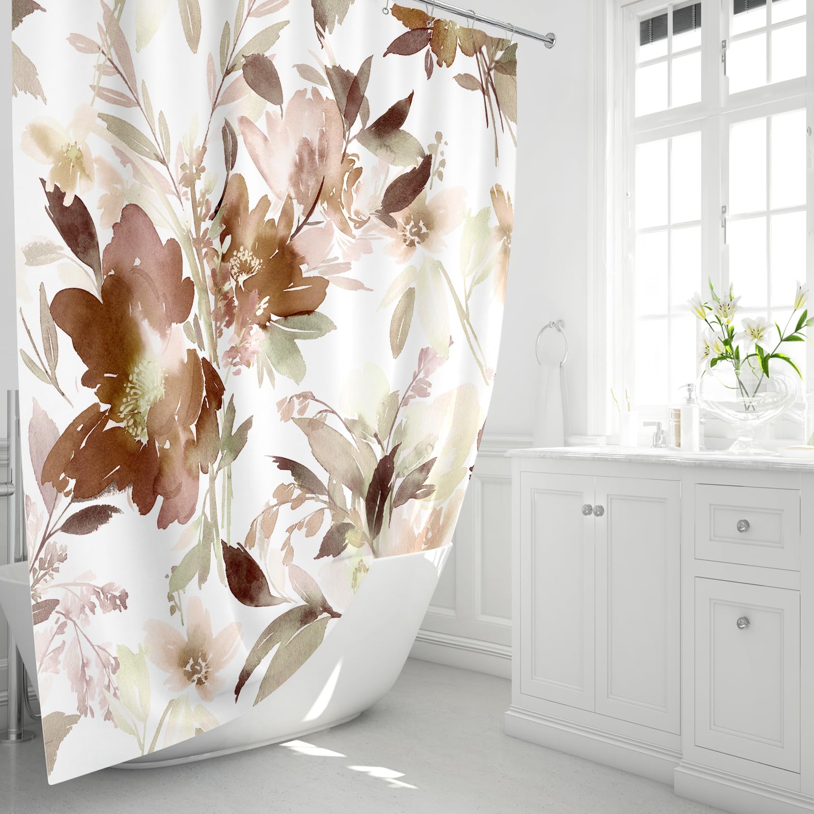 Mayzus Small Stall Shower Curtain 36 X 72 Inch, Half Narrow Watercolor Floral Fabric Shower Curtain, Modern Abstract Brown Flowe