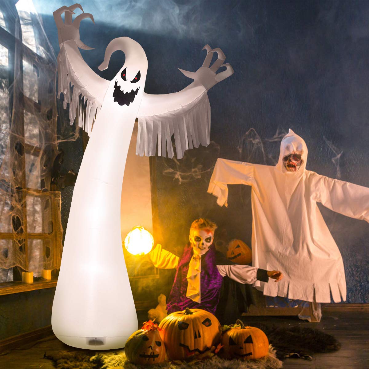 Tangkula 12 FT Halloween Inflatable Ghost, Halloween Ghost Decoration w/Blower and LED Lights, Tear-Proof Air Blown Ghost Party