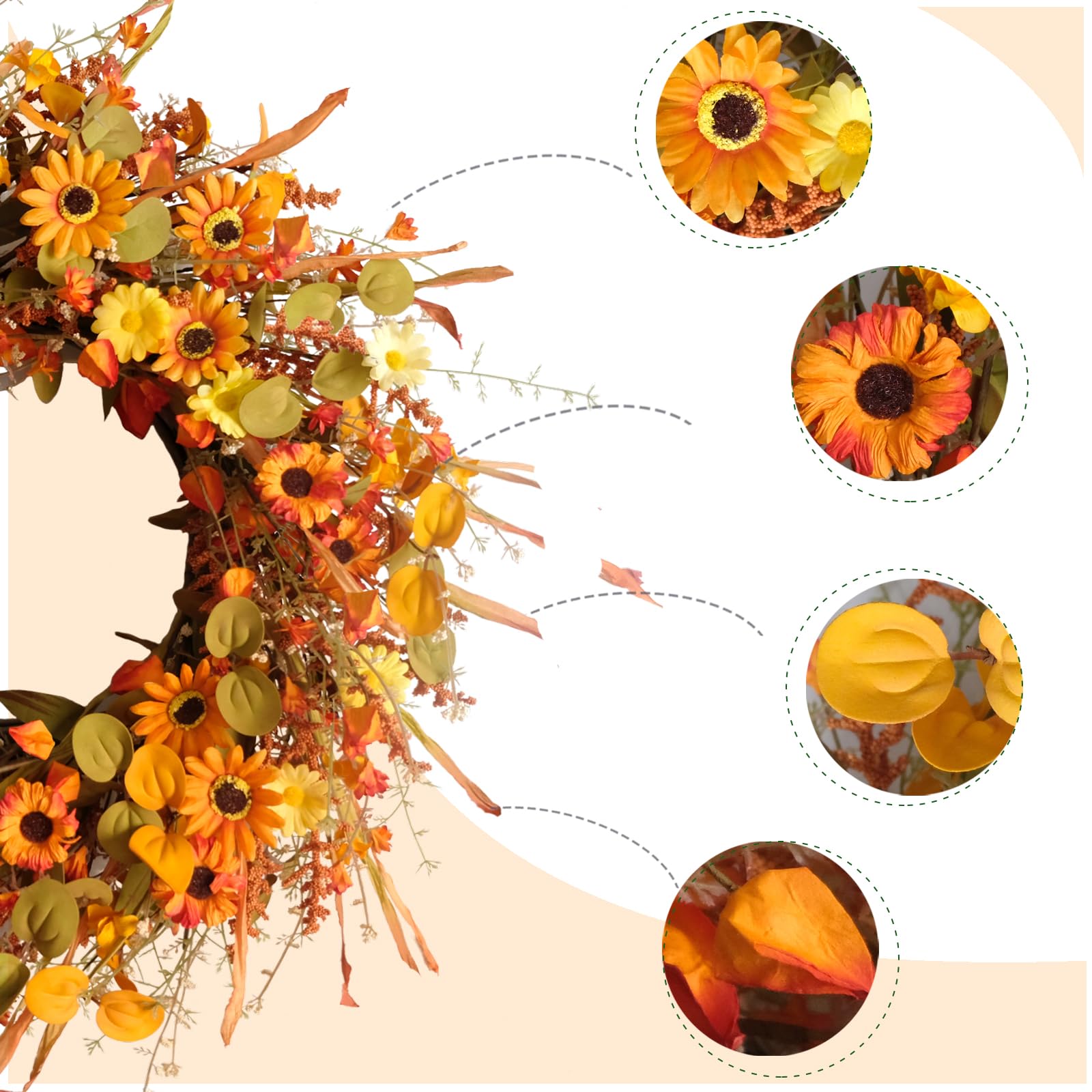 TEMPUS 22inch Thanksgiving Daisy Grain Wreath Autumn Harvest Wreath Eucalputs Leaves with Berries Fall Decor Front Door Indoor o