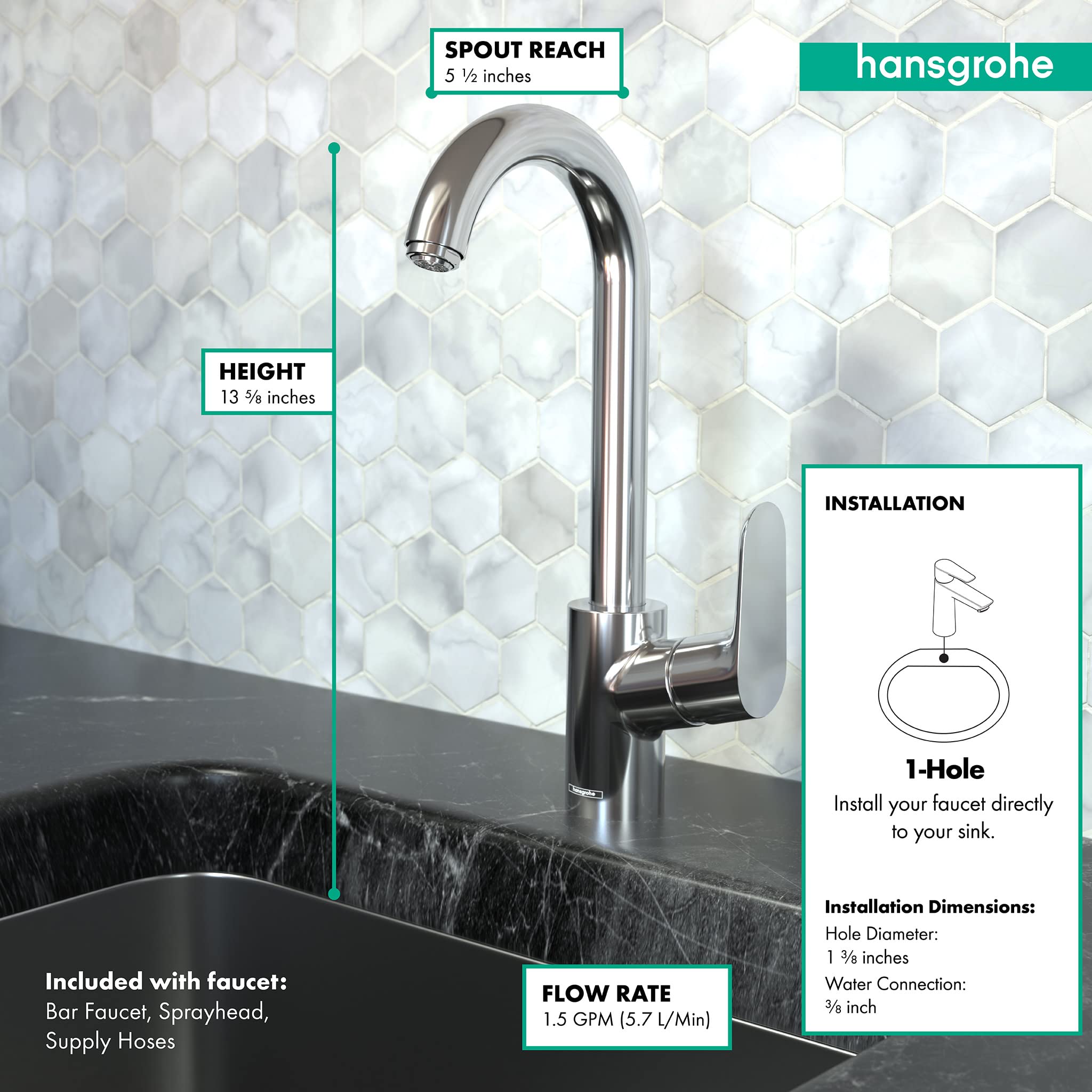 Hansgrohe Focus Chrome Bar Kitchen Faucet, Bar Sink Faucet Single Hole, Faucet For Kitchen Sink, Chrome 04507001