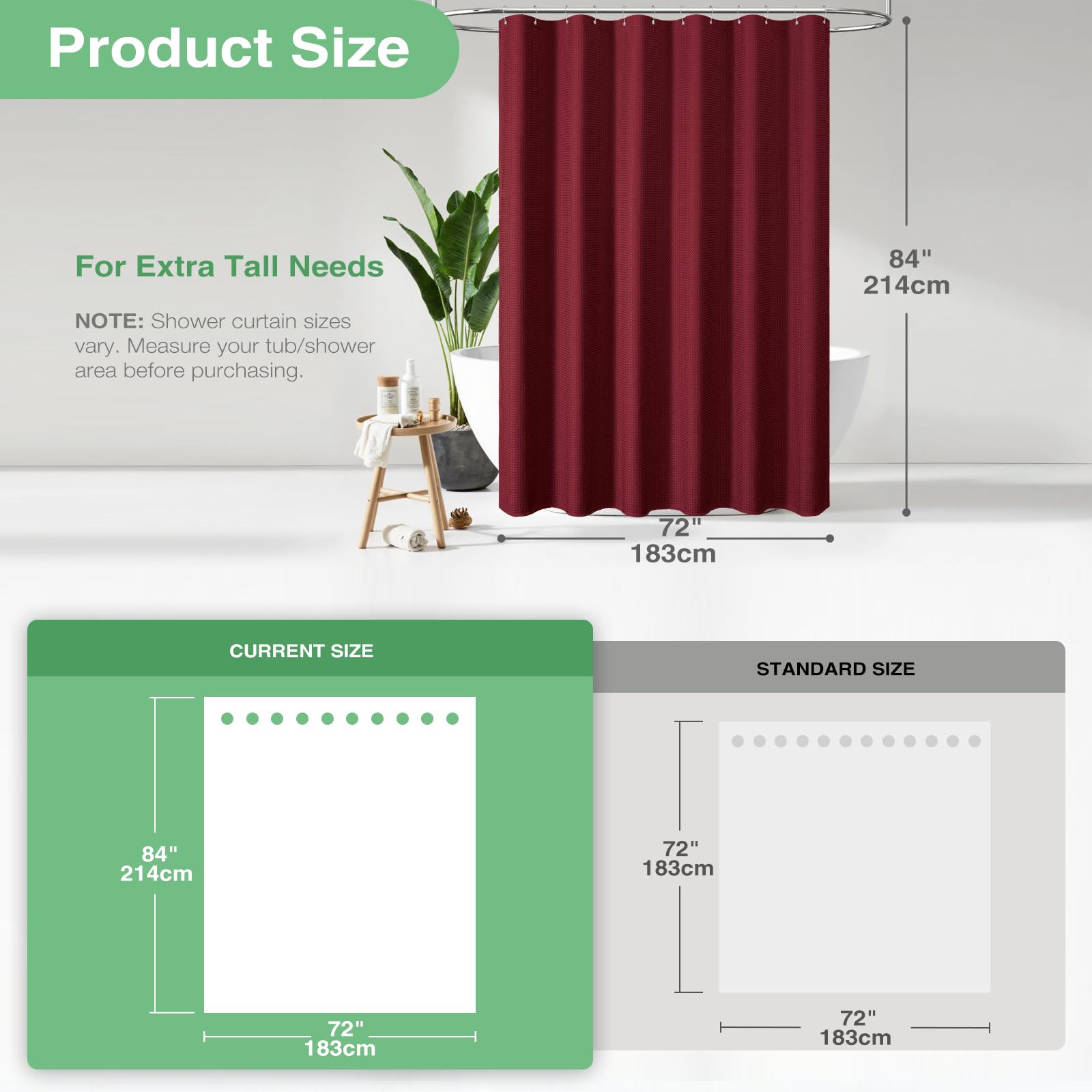 Dynamene Extra Long Shower Curtain - 84 Inch Long Burgundy Waffle Weave Heavy Duty Fabric Bathroom Shower Curtain  Neutral Weighted Hotel Thick Bath Curtain Set with 12 Plastic Hooks 72x84  Burgundy