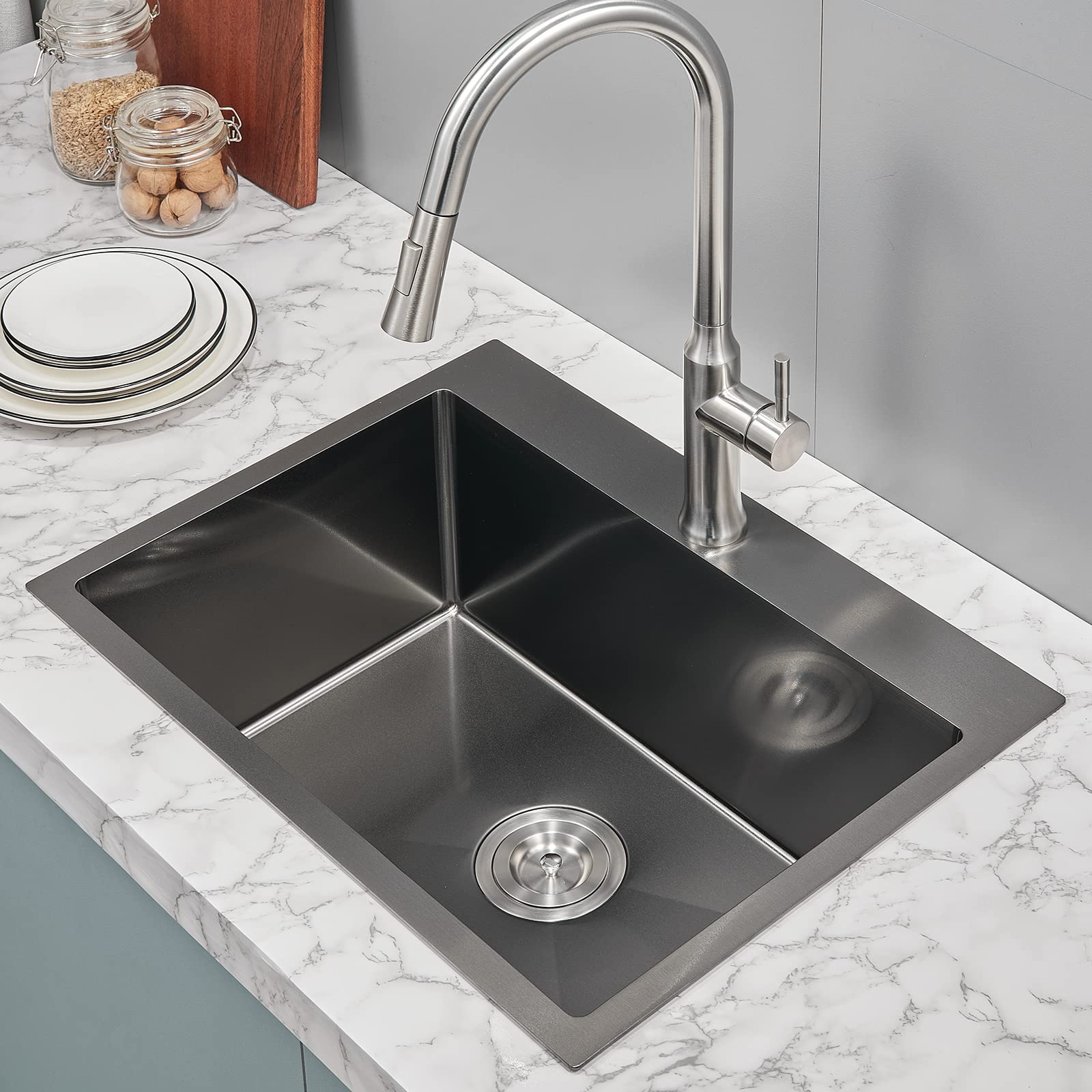 Tsibomu 24 Inch Drop In Kitchen Sink Black, 24X18 Inch Single Hole Kitchen Sink Topmount 18 Gauge Stainless Steel Single Bowl Ki