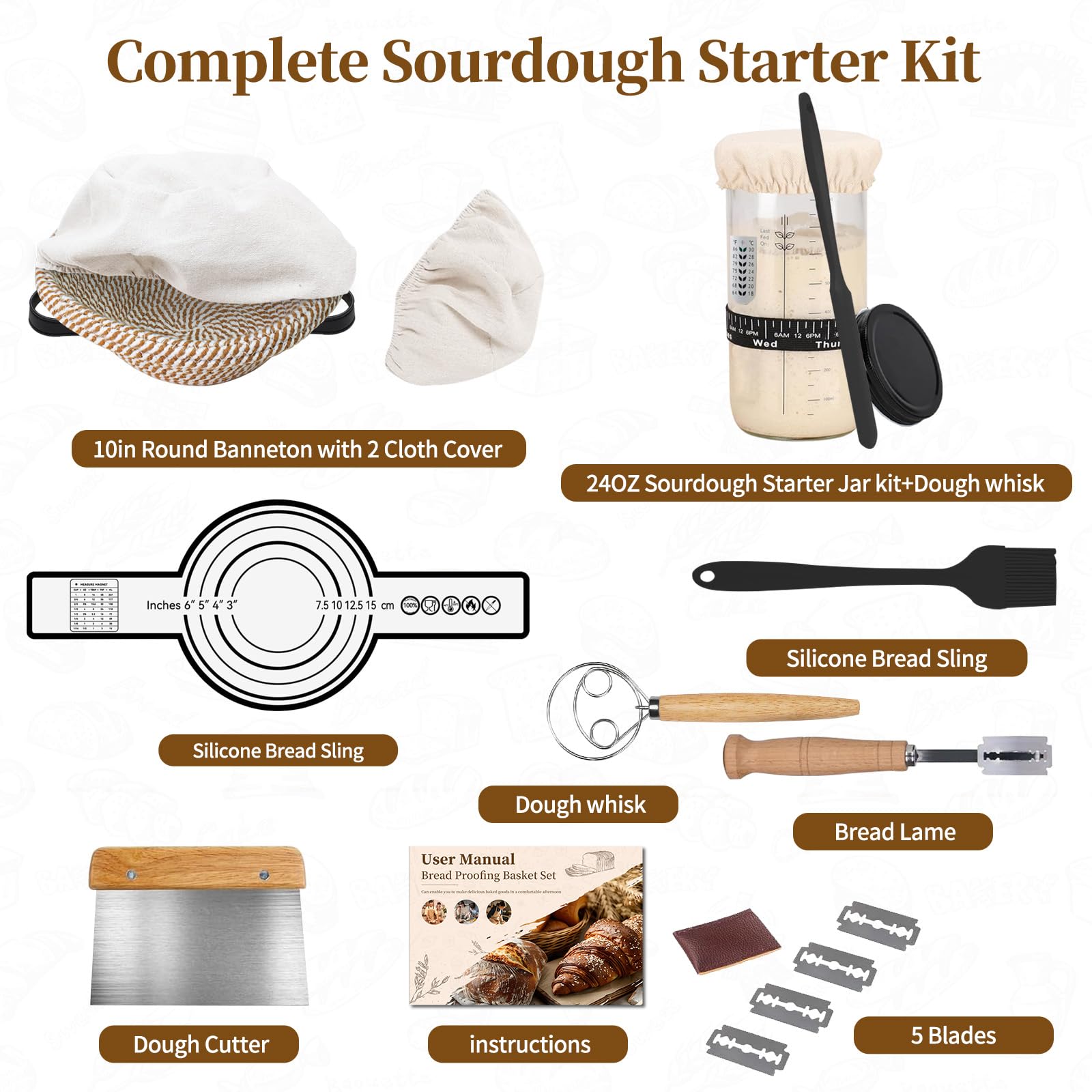 Sourdough Starter Kit,Banneton Bread Proofing Basket 10Inch Round,Sourdough Bread Baking Supplies With Starter Jar,Bread Sling,L