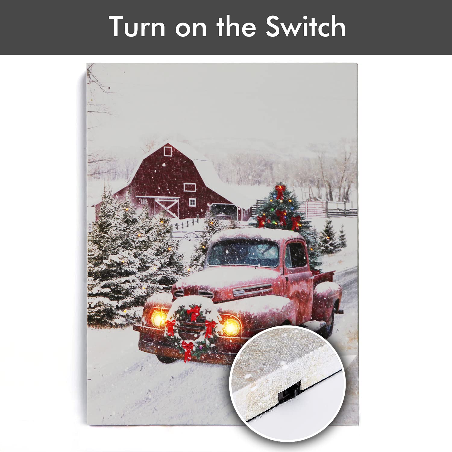 NIKKY HOME 16'' x 12'' Christmas LED Lighted Canvas Wall Art Prints Light Up Red Truck Barn House and Christmas Tree Picture Winter Snow Scene for Holiday Decor