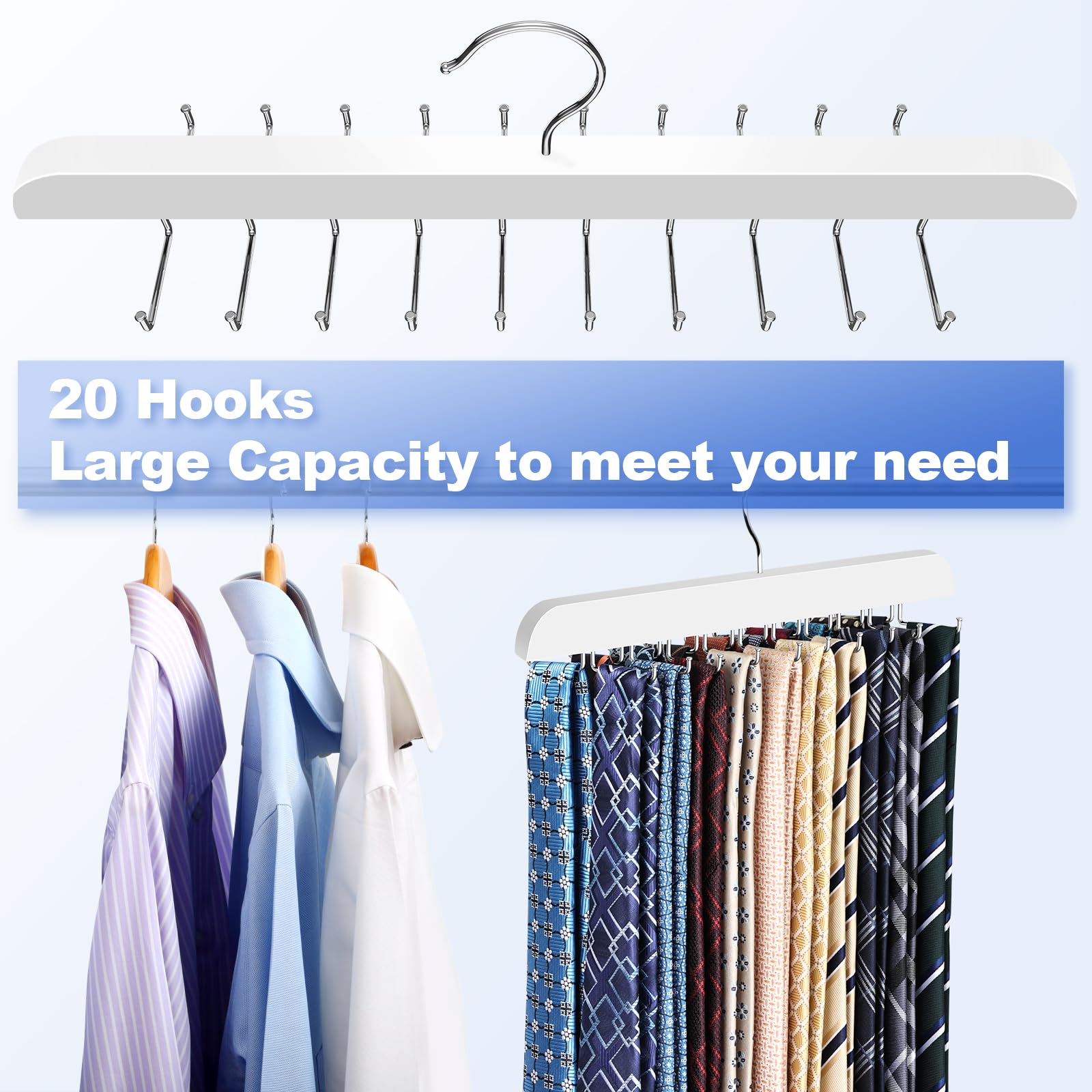 Resovo Upgraded Tie Rack Hanger With 20 Foldable Metal Hooks, Space Saving Necktie Organizer For Men - Large Capacity Tie And Be