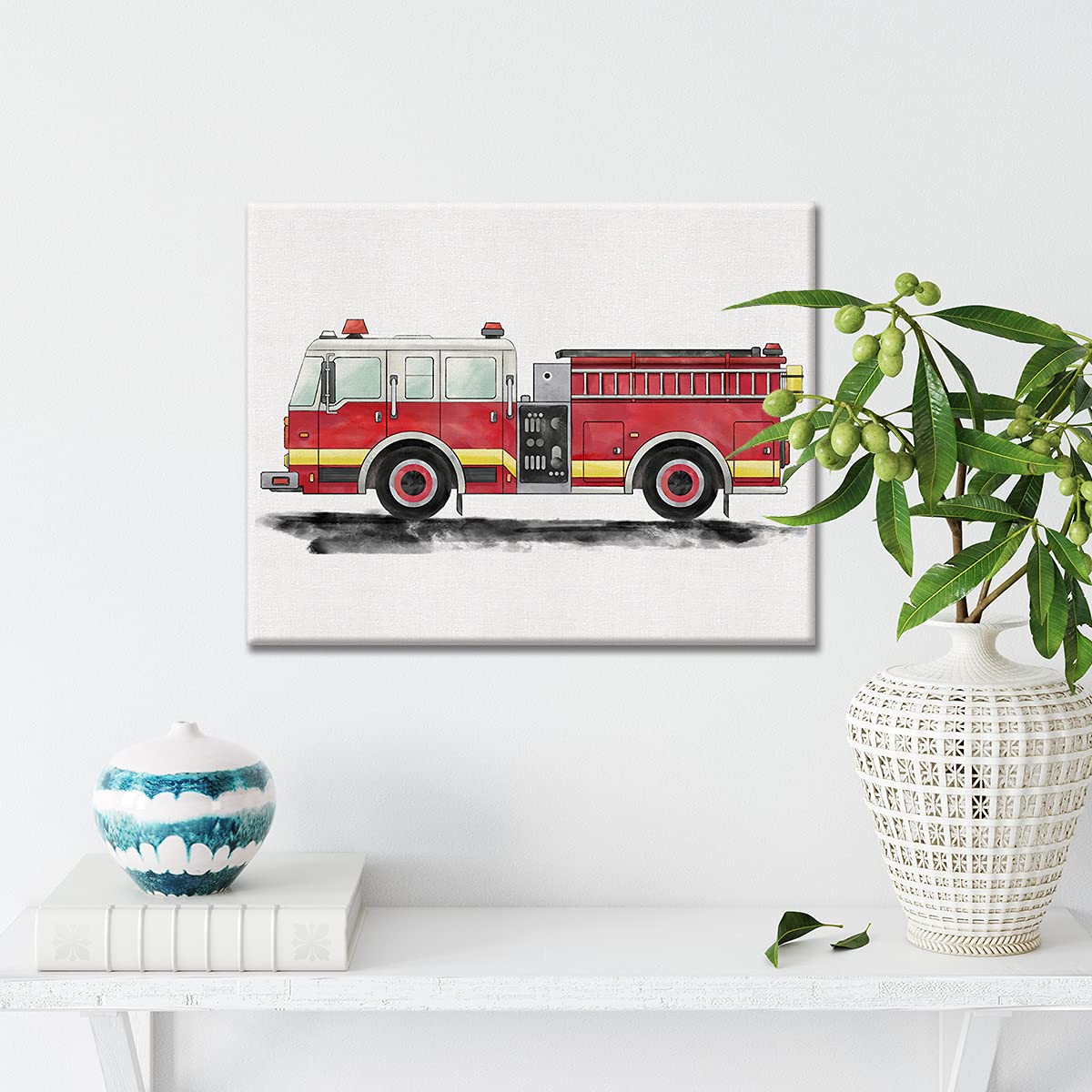 Firetruck Canvas Wall Art Watercolor Transportation Vehicles Fire Engine Canvas Painting Prints For Home Boys Bedroom Nursery Wa