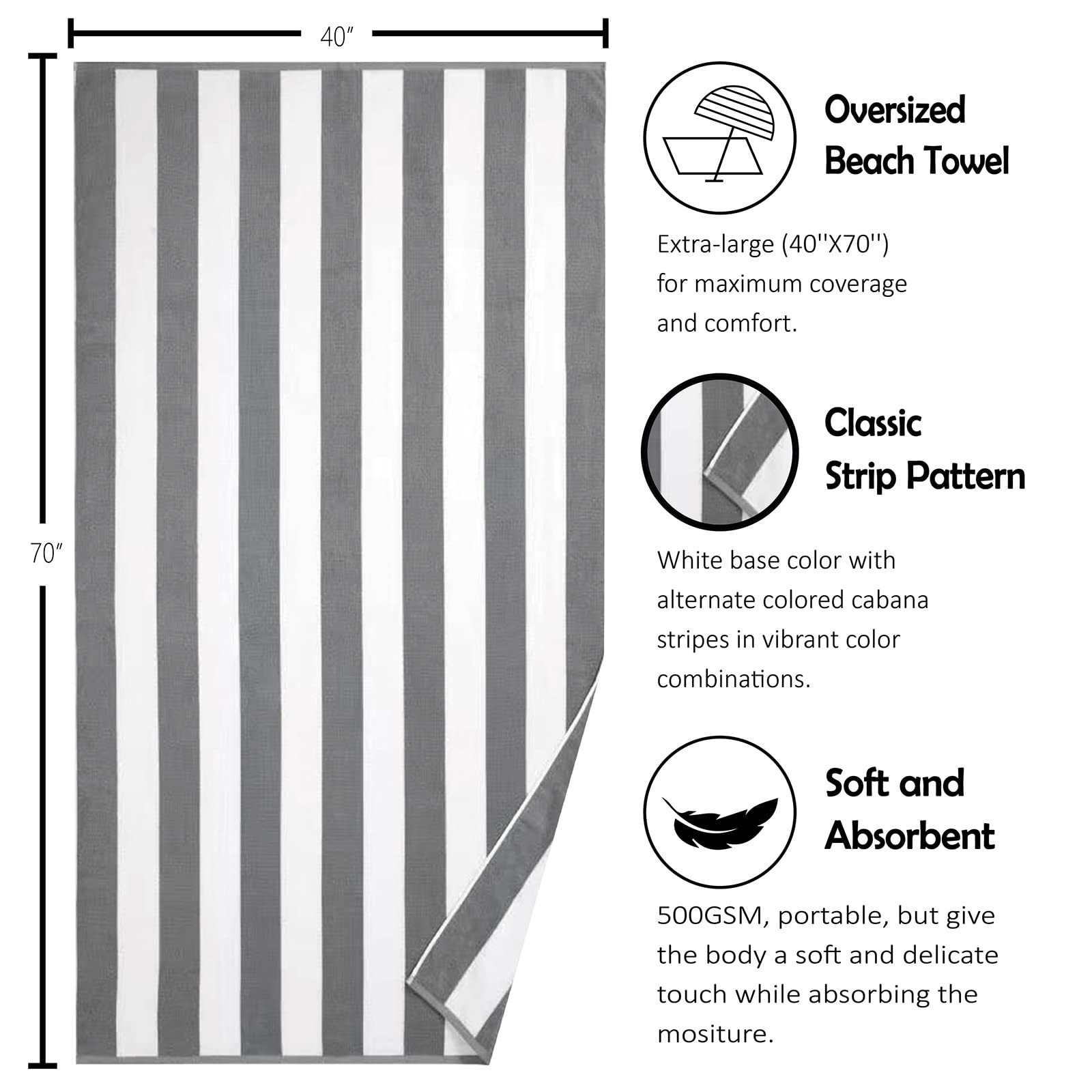 Bornbay Large Beach Towel Oversized - 40''X70'' Big Mens Beach Towesl, Extra Large Thick Gray Beach Towels, Xl Wide Fluffy Swimm