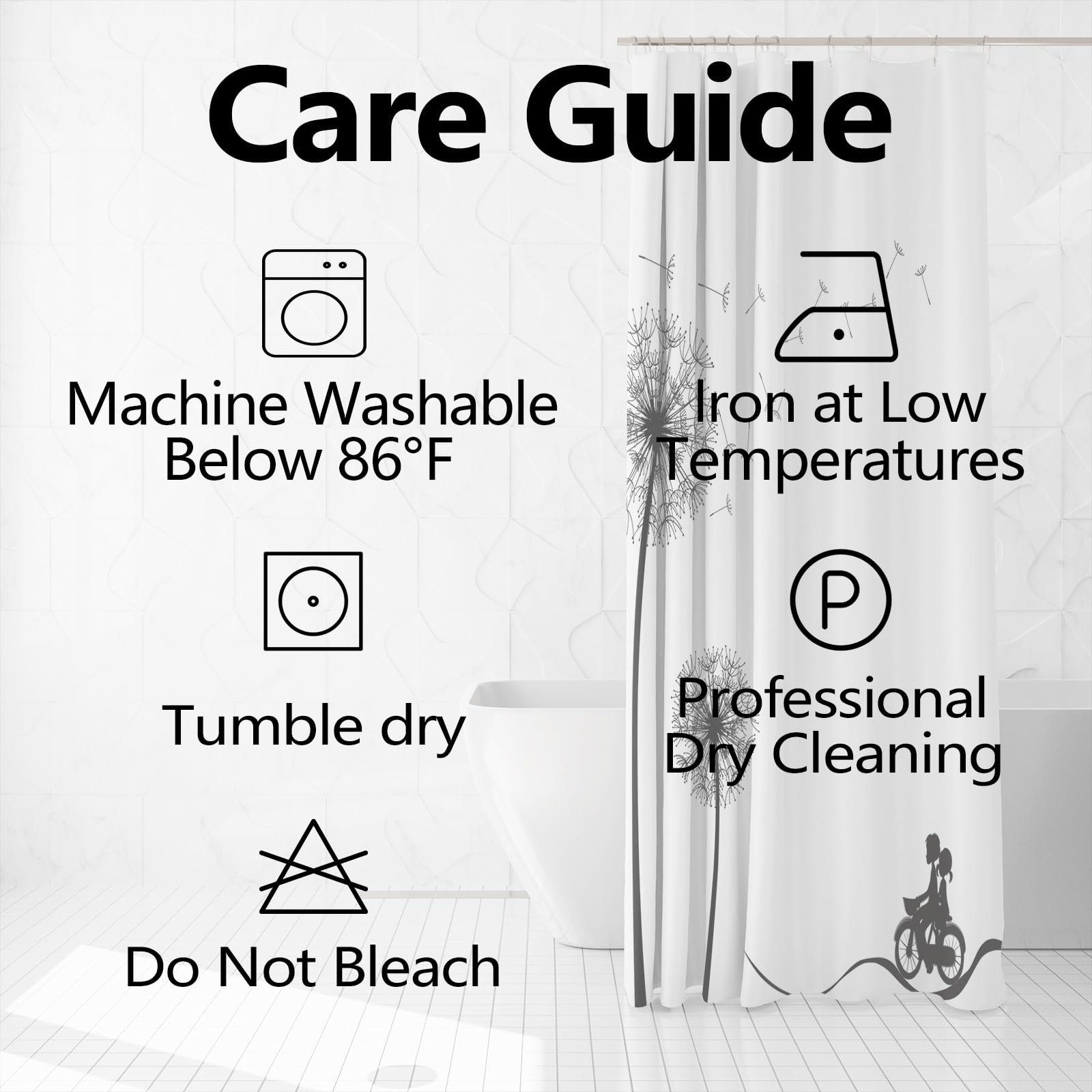 Uiiooazy Dandelion Fabric Shower Curtain For Bathroom Black White Shower Curtain Set Flying Dandelion Waterproof Cloth Bathtub S