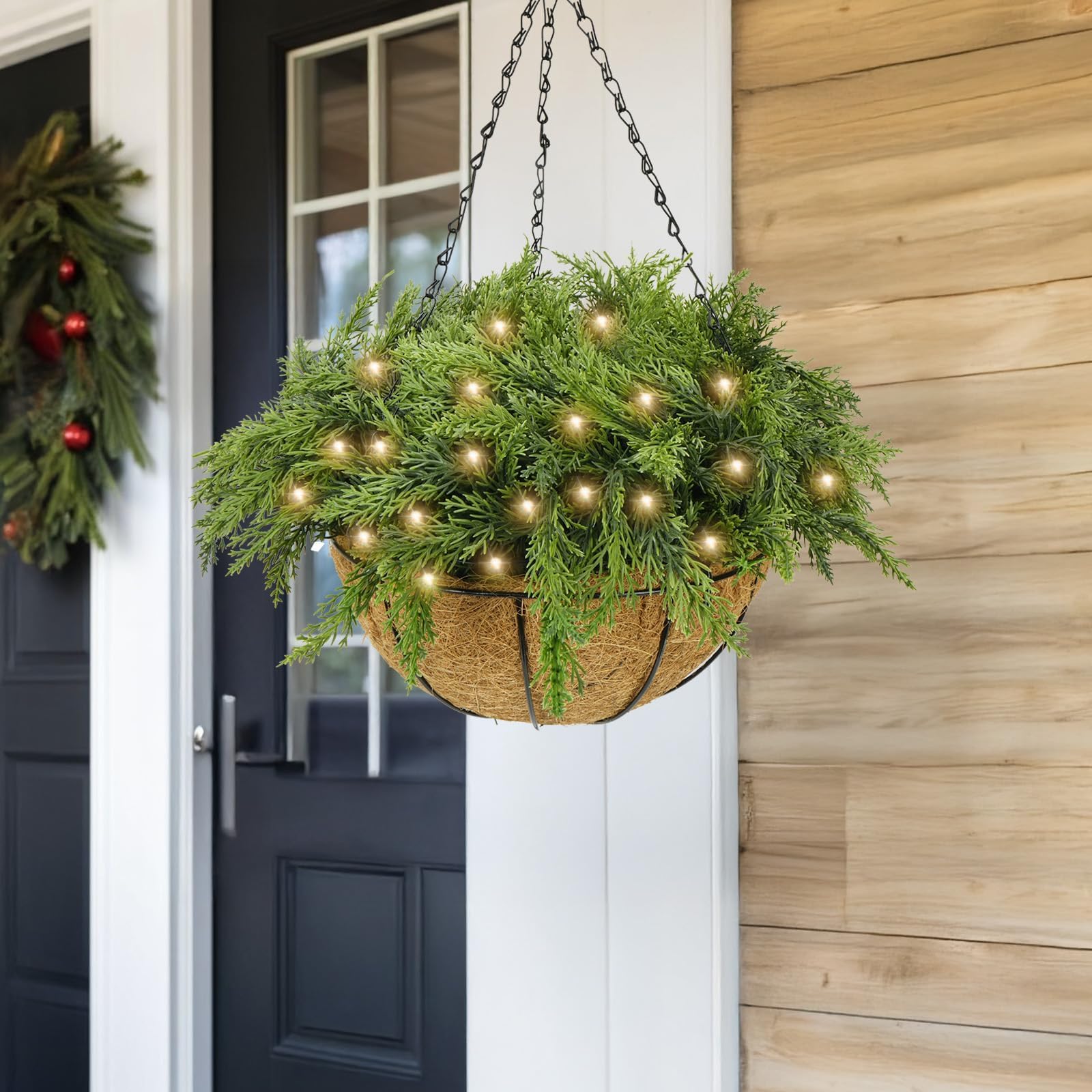 HUAESIN Christmas Hanging Baskets 15inches Outdoors Christmas Baskets with Pine Branches Winter Outdoor Porch Decor Artificial H