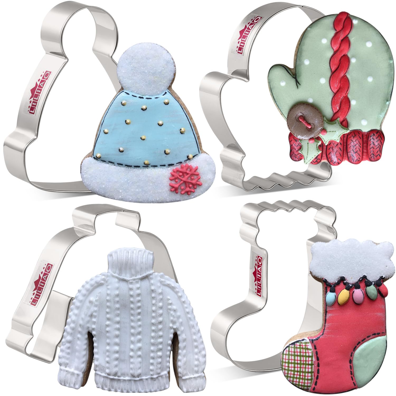Liliao Winter Holiday Christmas Cookie Cutter Set - 4 Piece - Ugly Sweater, Stocking, Hat And Mitten Fondant Biscuit Cutters - S