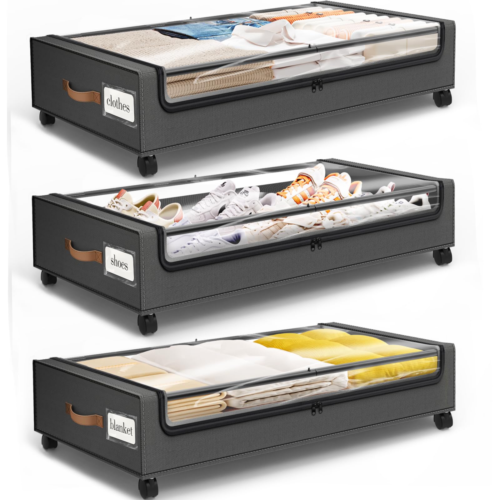 SpaceHacks Under Bed Storage with Wheels 3Pack Storage Containers with Clear Window&Label Under Bed Drawers Rolling Under Bed St