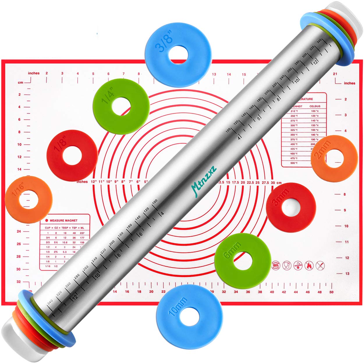 Rolling Pin And Silicone Baking Pastry Mat Set, Stainless Steel Dough Roller With Adjustable Thickness Rings, For Pizza, Pie, Pa