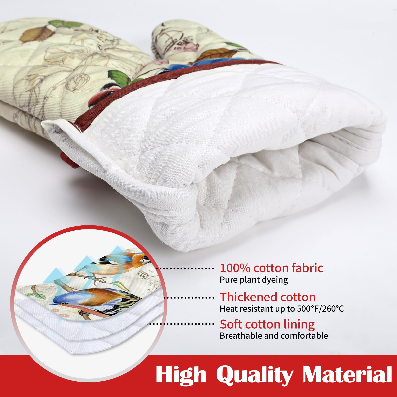 Arquiel Vintage Bird Oven Mitts And Pot Holders Sets 2Pcs, 100% Cotton Heat Resistant, Extra Long Oven Gloves Potholder For Kitc