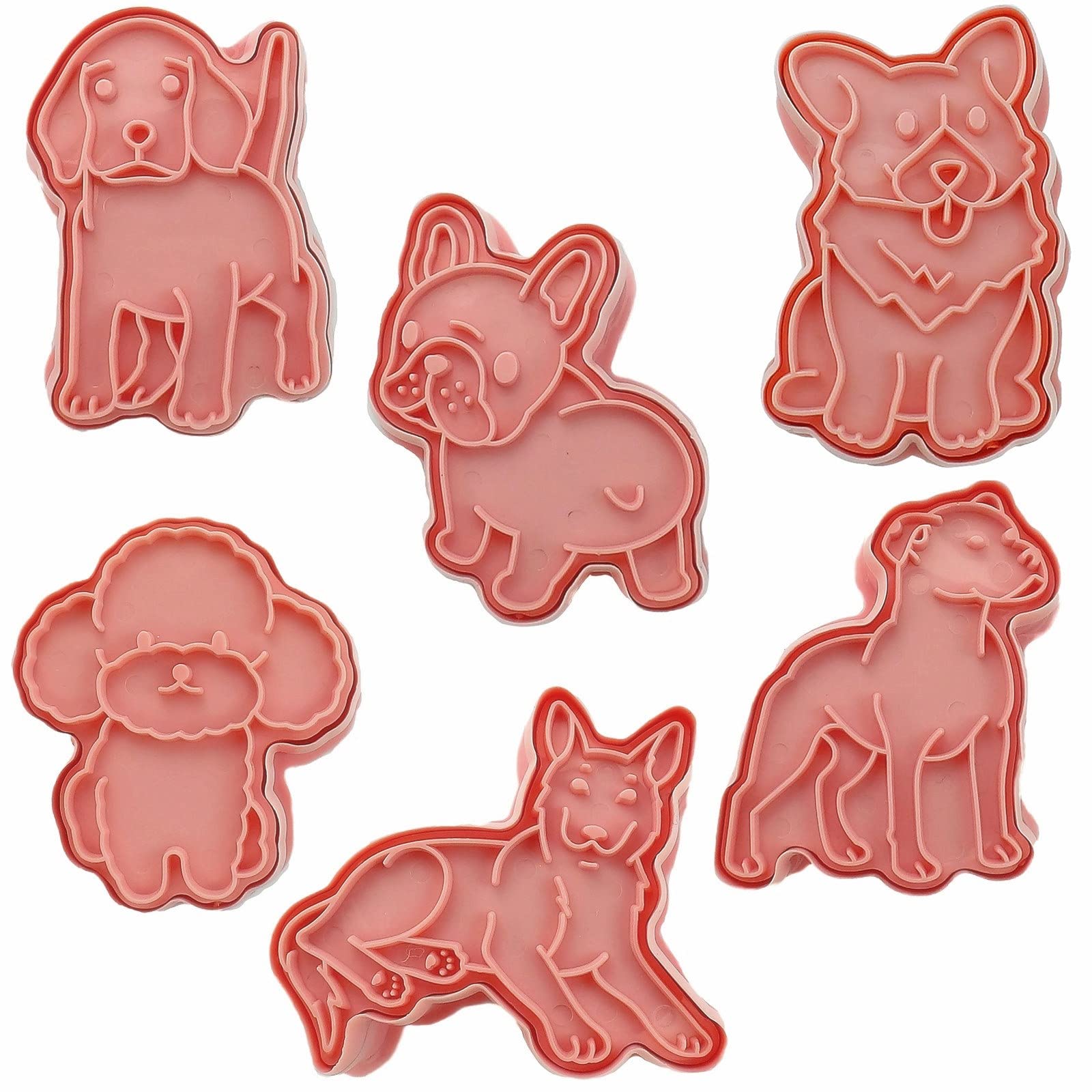 3D Dog Shaped Cookie Stamps Set, 6 Pcs Of Food Grade Plastic Doggy Stamping Cookie Cutters Fondant Stamper Set For Baking (Pink)