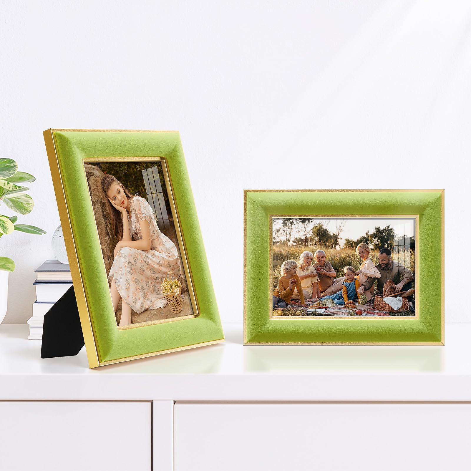 KSROECUD 5x7 Velvet Picture Frame, Light Green Photo Frames with Modern Simple Metallic Gold Border, HD Real Glass Horizontal &