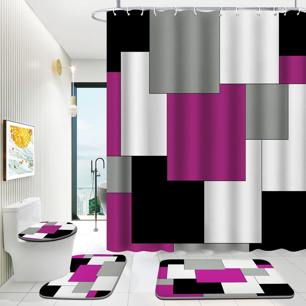 Enyorsel Purple Bathroom Sets With Shower Curtain And Rugs, 4 Pcs Geometric Bathroom Shower Curtain Set With Rugs, Incl Shower C
