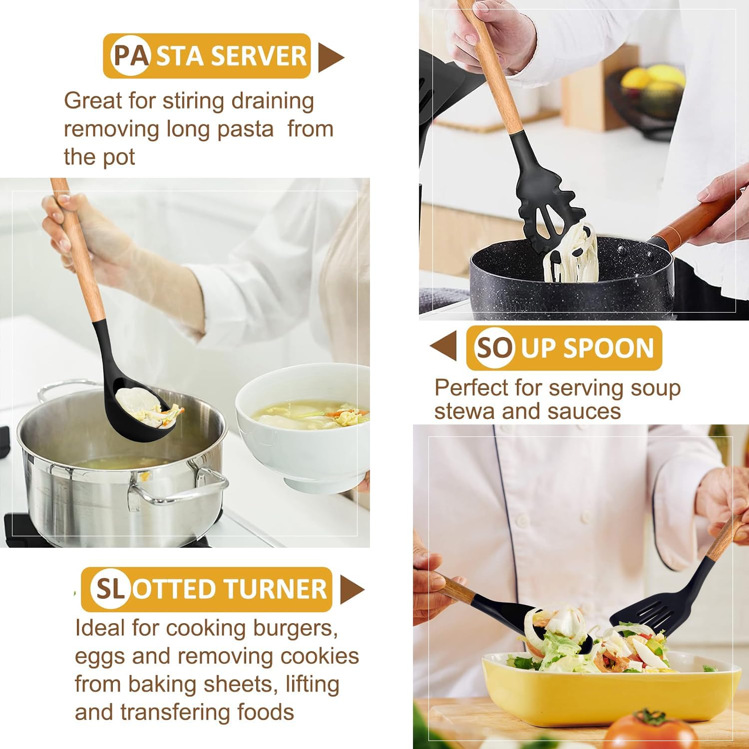 Fongluan Kitchen Utensils. Set Of 3, Silicone Cooking Utensils Set, Turner/Spatula, Spoons With Wooden Handle, Heat Resistant, N