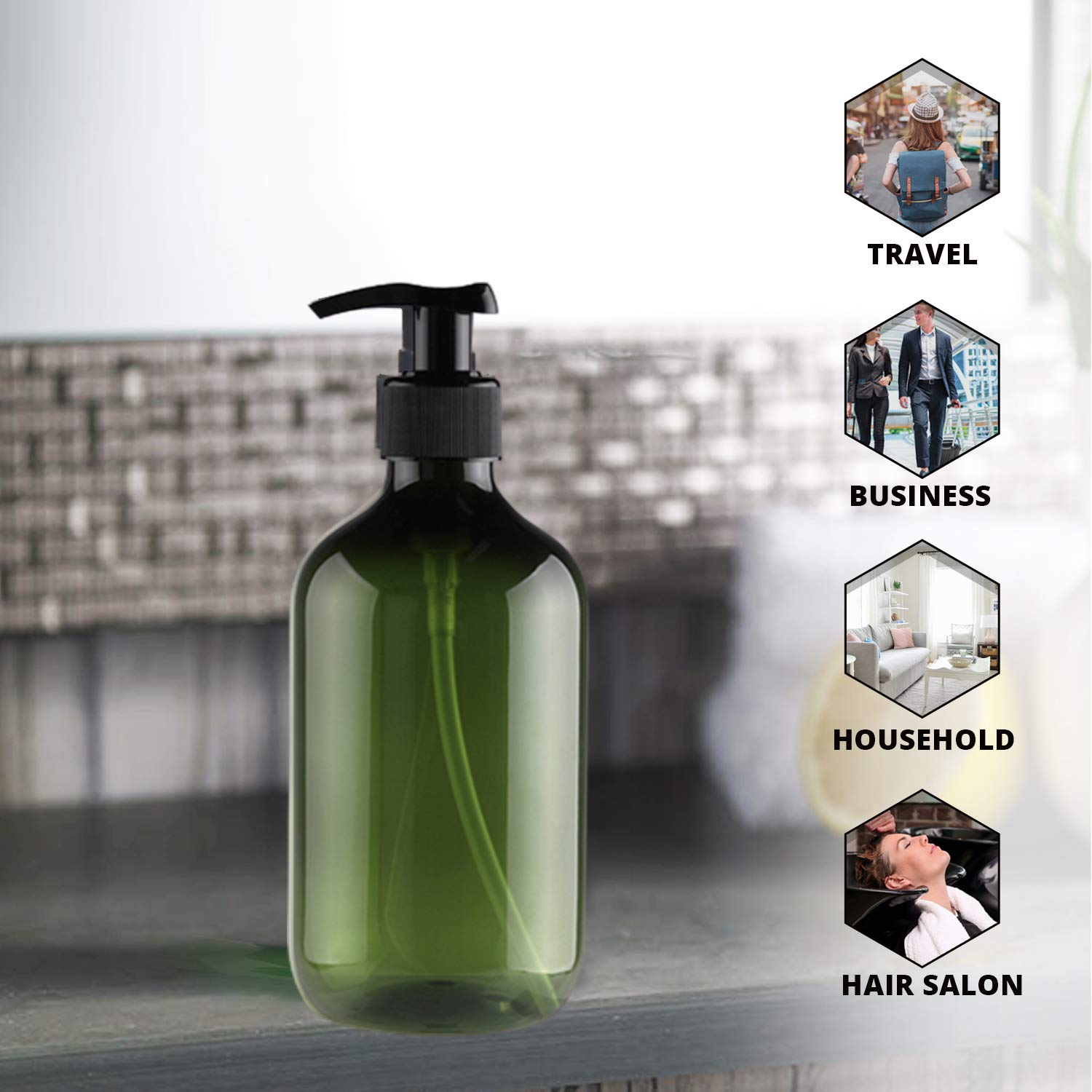 Tejal 16Oz Plastic Bottles With Pump, 8 Pack Liquid Soap Pump Bottles - Dark Green, Refillable Bottle For Cooking Sauces, Essent