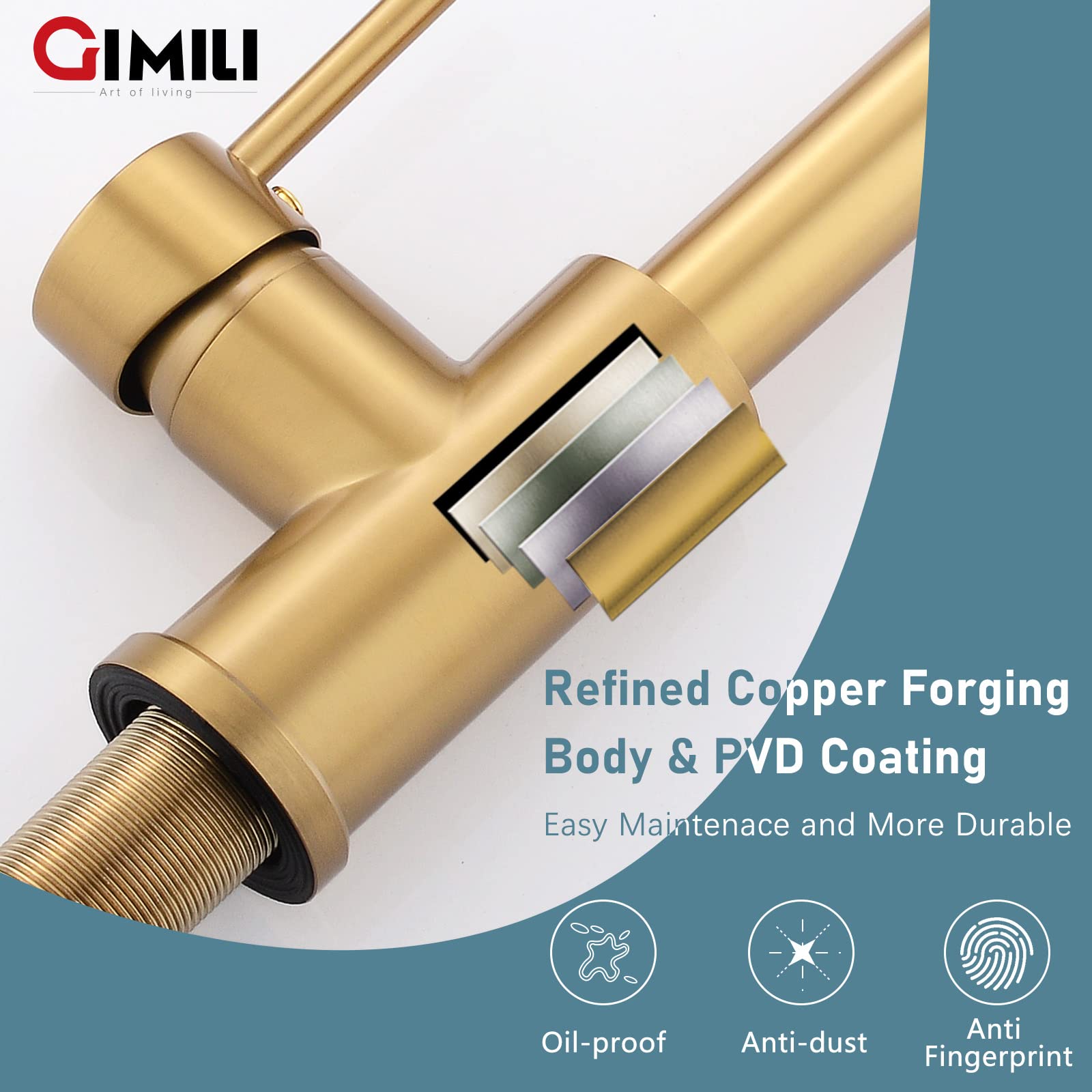 Gimili Brushed Gold Kitchen Faucet With Soap Dispenser, Commercial Single Handle Spring Pull Out Kitchen Sink Faucets With Pull