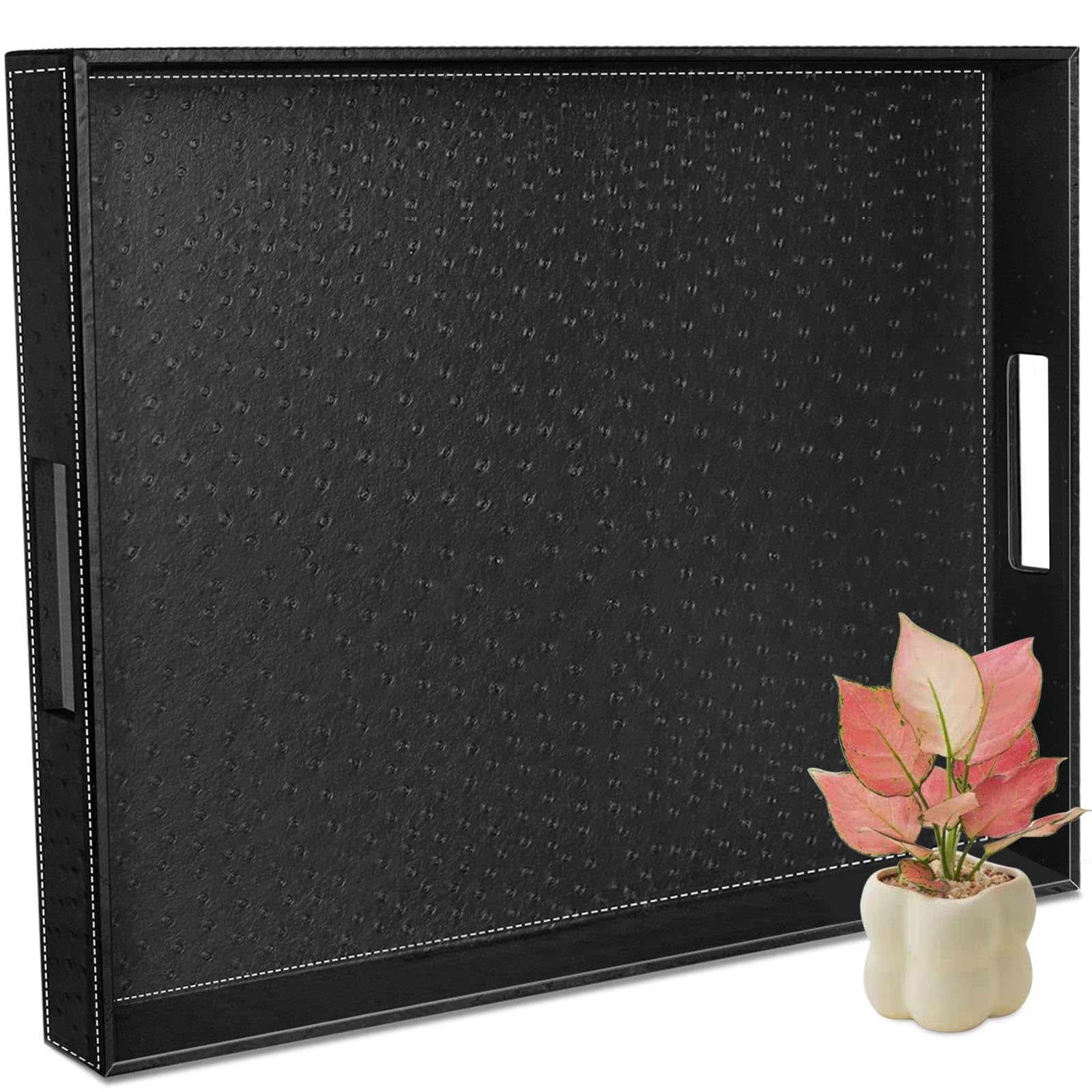 Ranslen Serving Tray With Handles, 20 X 16 Inch Ottoman Tray For Coffee Table, Breakfast, Kitchen Home Black Tray Decor Extra La