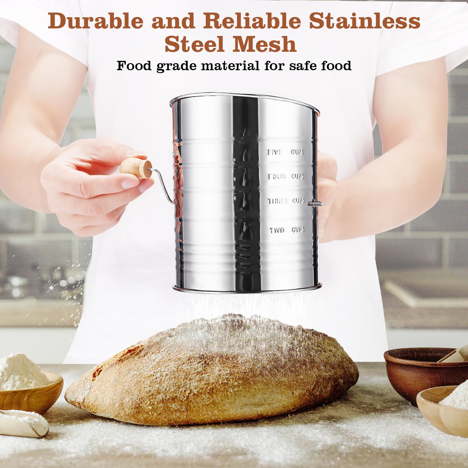 Flour Sifter For Baking, 304 Stainless Steel 5 Cup Flour Sieve Fine Mesh Screen Powder Sifters With Loop Agitator For Quick Sift