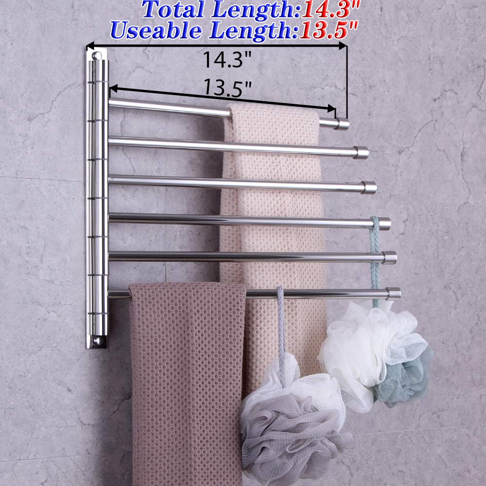 GERZWY Bathroom Swing Arm Towel Bars Wall Mount Bath Towel Rack with 6 Arms Hanger Towel Holder Organizer Polished Stainless Steel