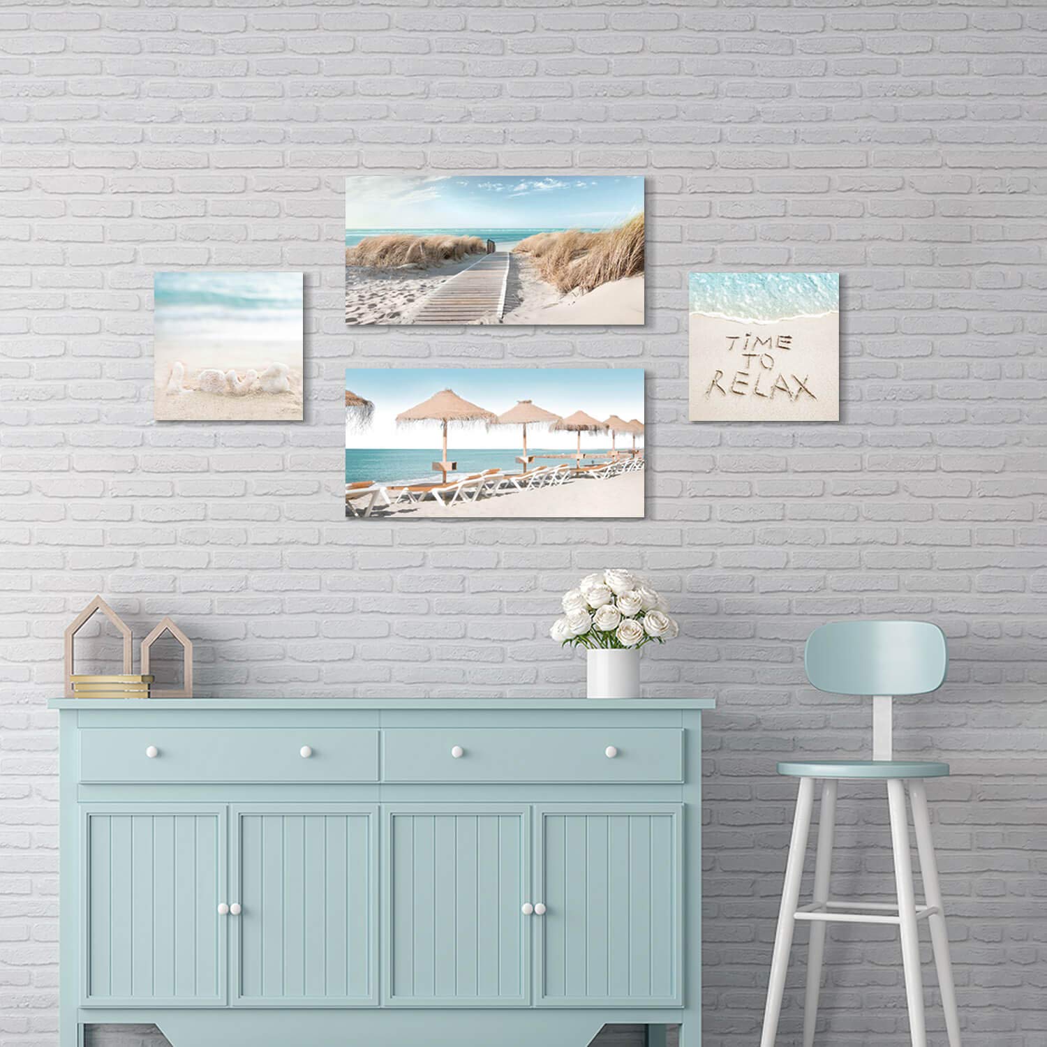 Artistic Path Beach Theme Canvas Artwork Prints: Sandybeach Pathway & Beach Chairs And Umbrella Wall Art For Living Room (Overal