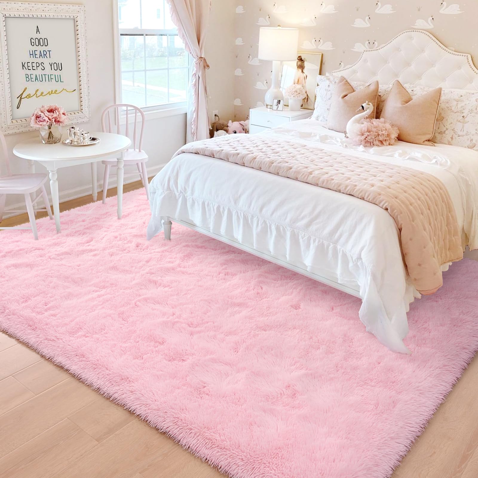 HOMORE Pink Rugs for Bedroom, 4x6 Fluffy Area Rug for Girls Bedroom, Soft Furry Shag Rugs for Bedroom Girls Living Room Rug, Cut