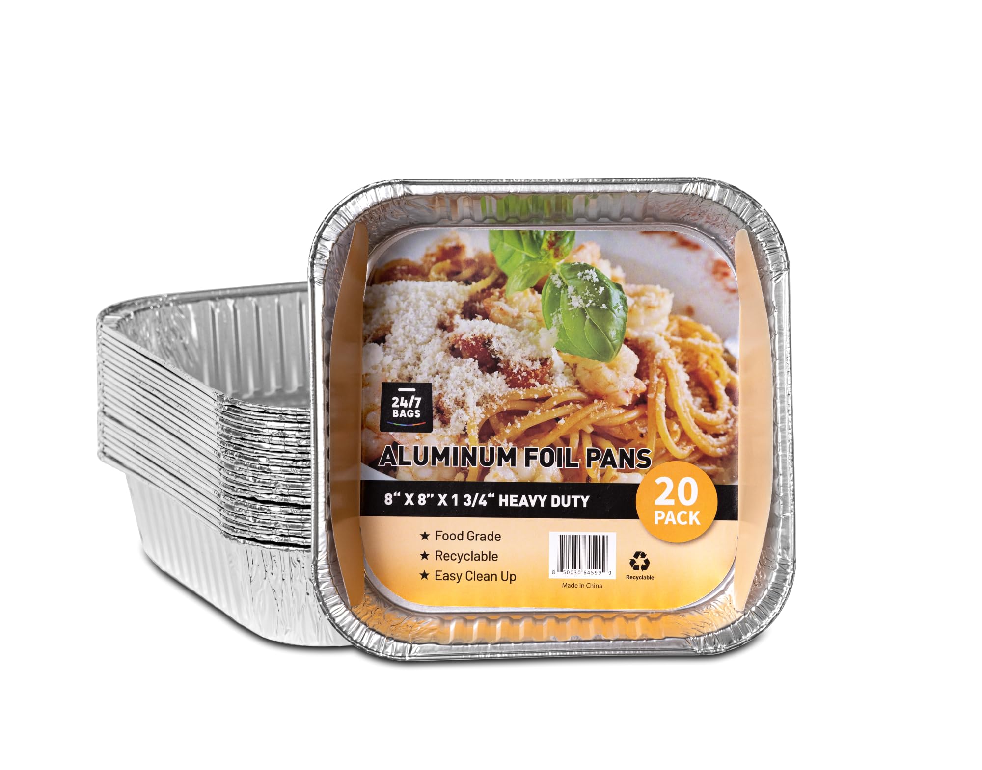 24/7 Bags 20 Count Aluminum Foil Pans, Heavy Duty, Square 8X8X 1.75, Food Grade, Disposable, Baking, Cooking, And Grilling, No L