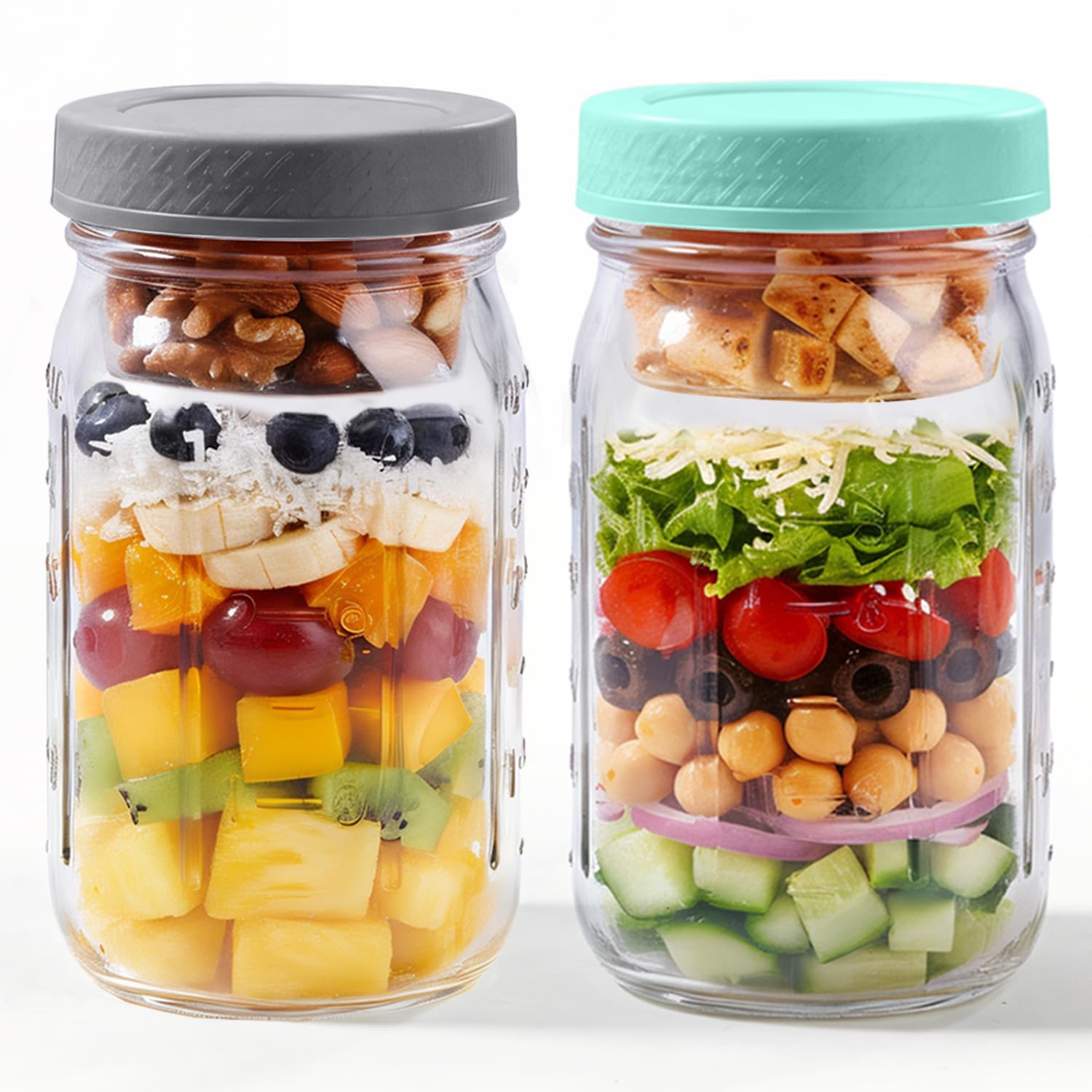ComSaf 32oz Glass Salad Jars for Lunch 2-Pack, Round Mason Meal Prep Jars with Dressing Cup & Leakproof Lid, Anti-Soggy Salad Sh