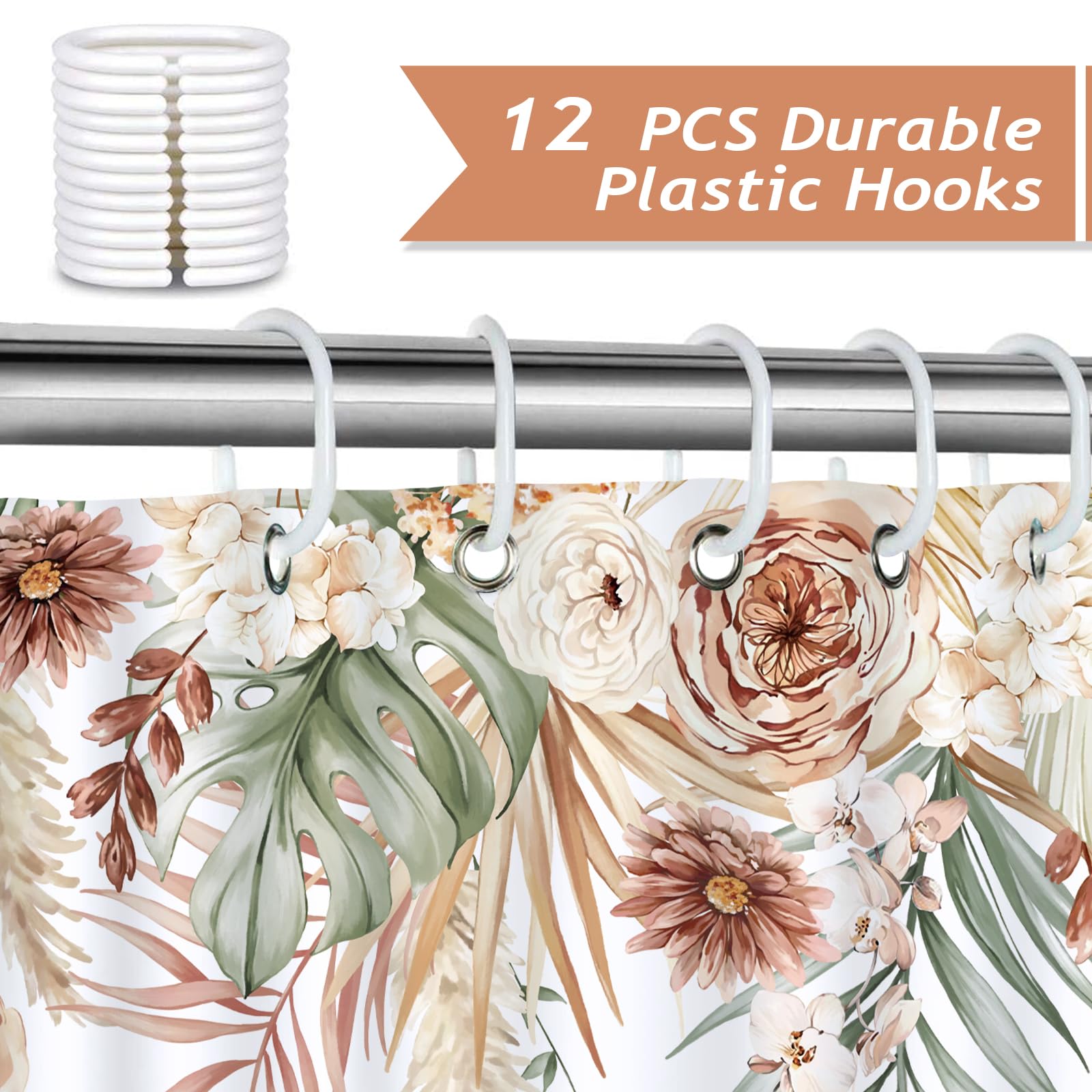 Bonhause Tan Floral Leaf Shower Curtain, Boho Tropical Palm Leaves Farmhouse Bathroom Curtain 72X72 Inch Polyester Fabric Waterp